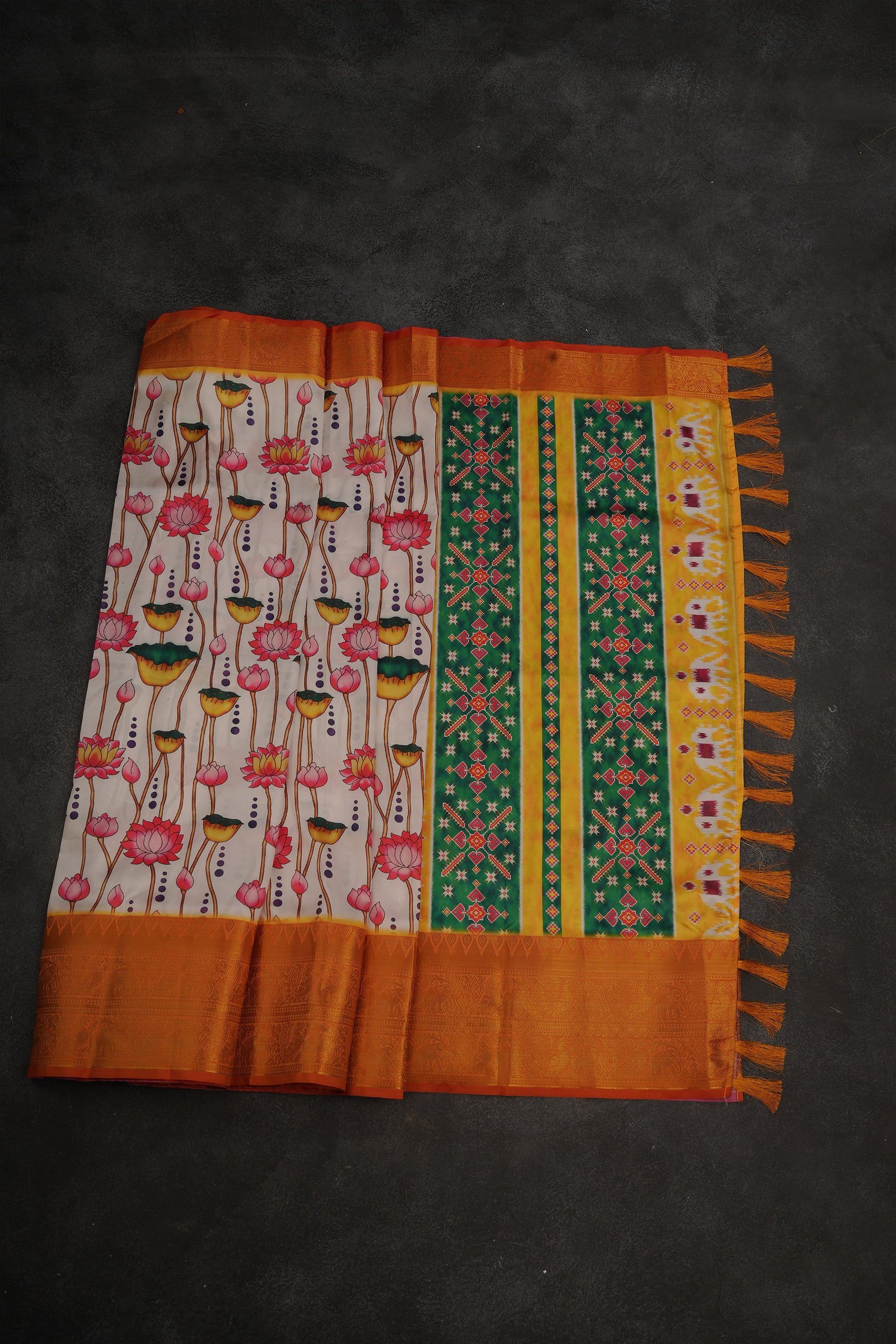 Pichwai Print Designer Saree with Kanchi Border & Indian Artistry Saree JCS Fashions White with Yellow 5.5 meters