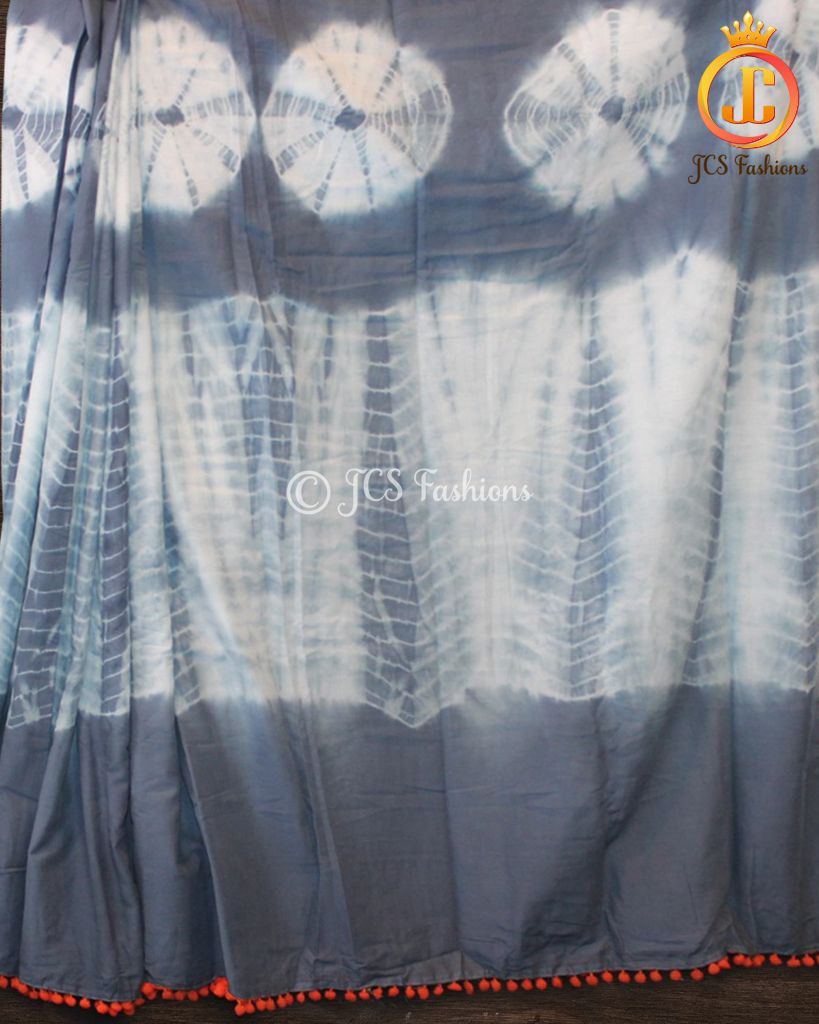 Shibori Design Mulmul Cotton Saree With Pom Lace Blouse