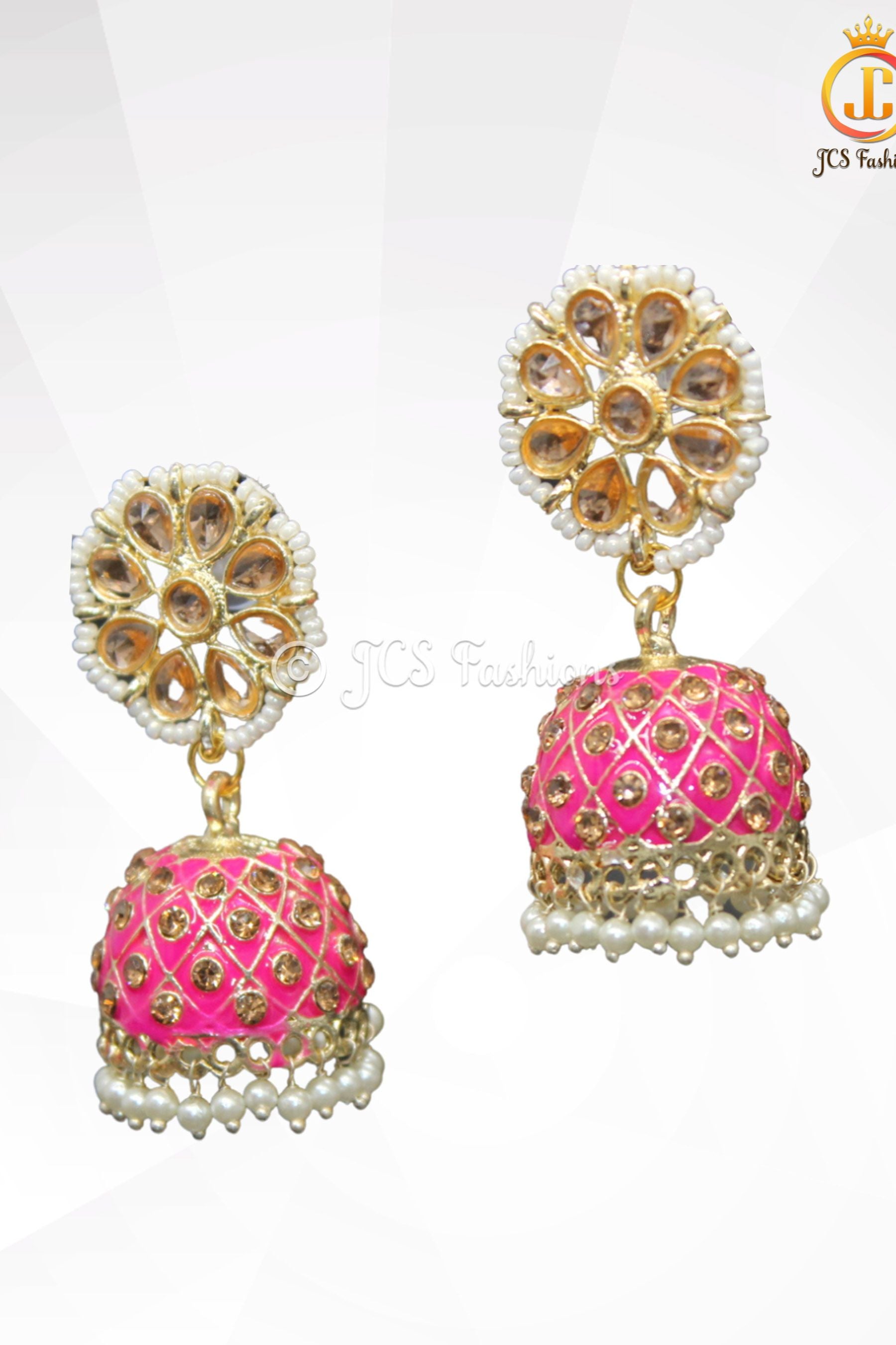 Elegant Kundan Jhumka Earrings With stones and imitation pearls. Jewelry JCS Fashions