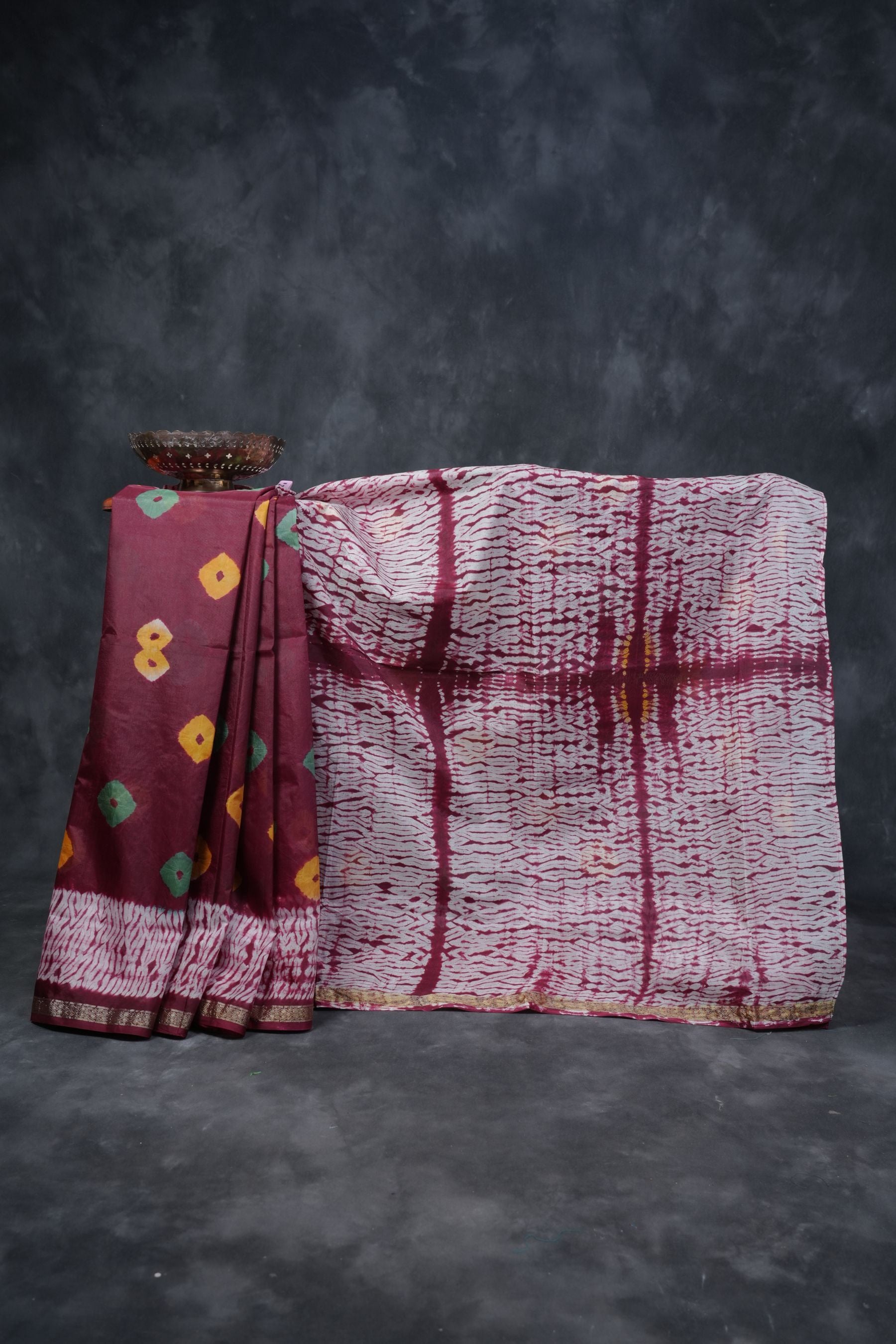 Exquisite RAW SILK SHIBORI Sarees: Real Bandini and Zari Border SAREE JCS Fashions Maroon 5.5 meters