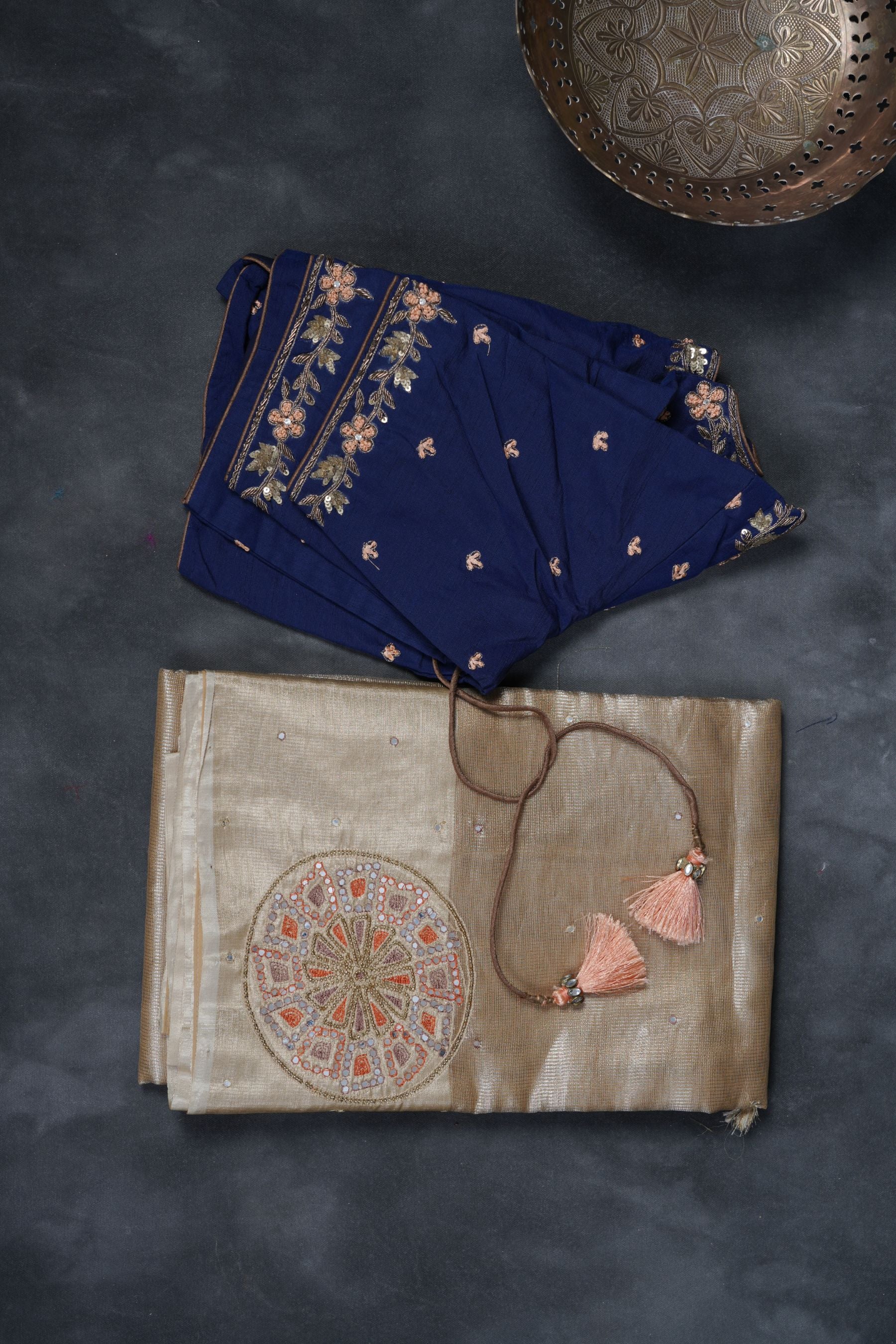 Gold Tissue Silk Sarees with Hand Embroidery and Maggam Work Blouse