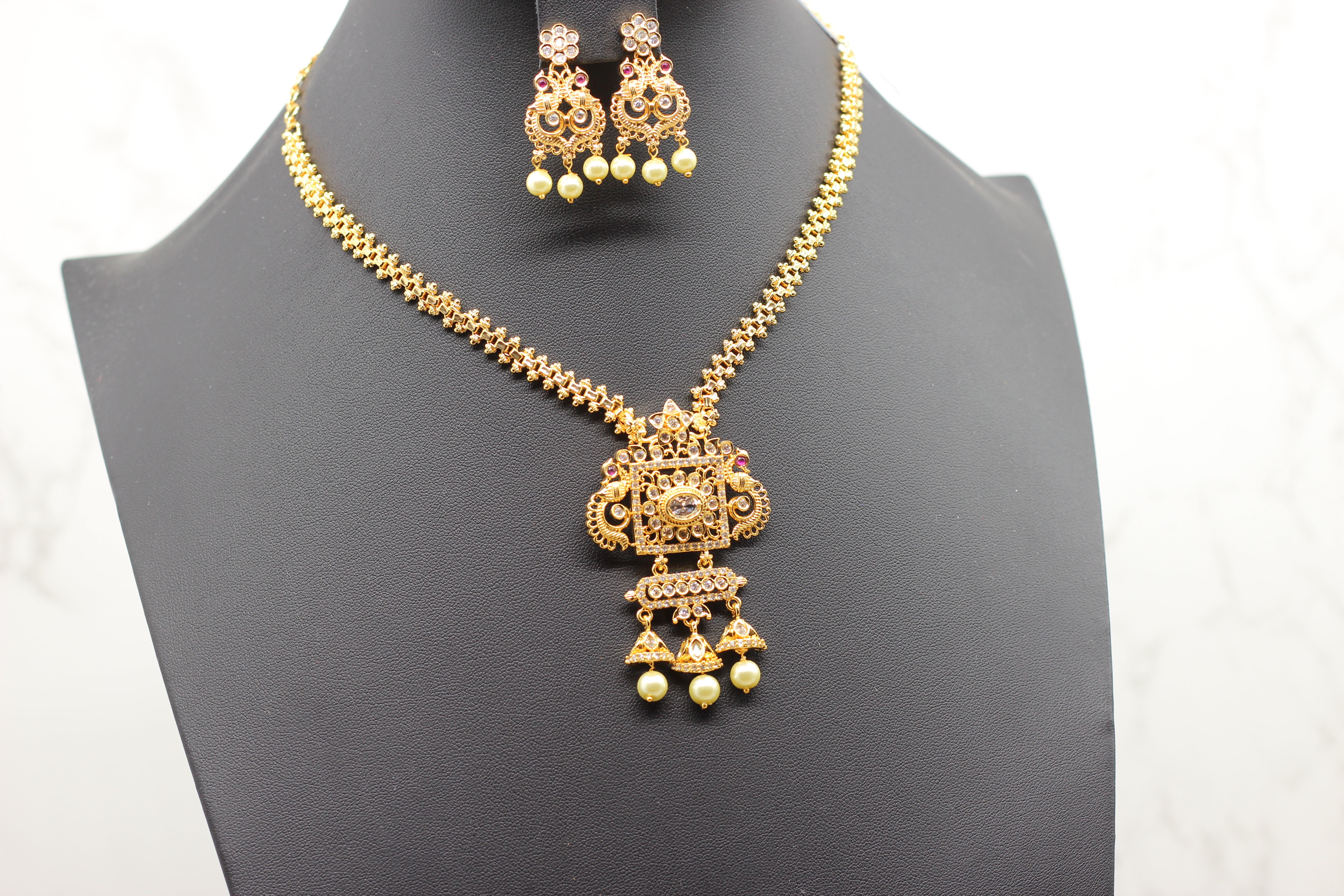 Chic Gold-Polish Chain & Earring Set with Stone and Bead Accents Jewelry JCS Fashions