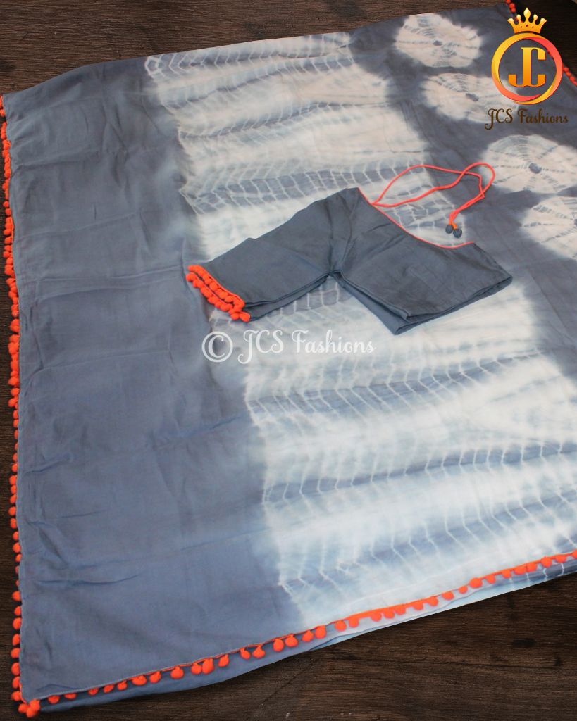 Shibori Design Mulmul Cotton Saree With Pom Lace Blouse SAREE JCS Fashions Grey 5.5 meters