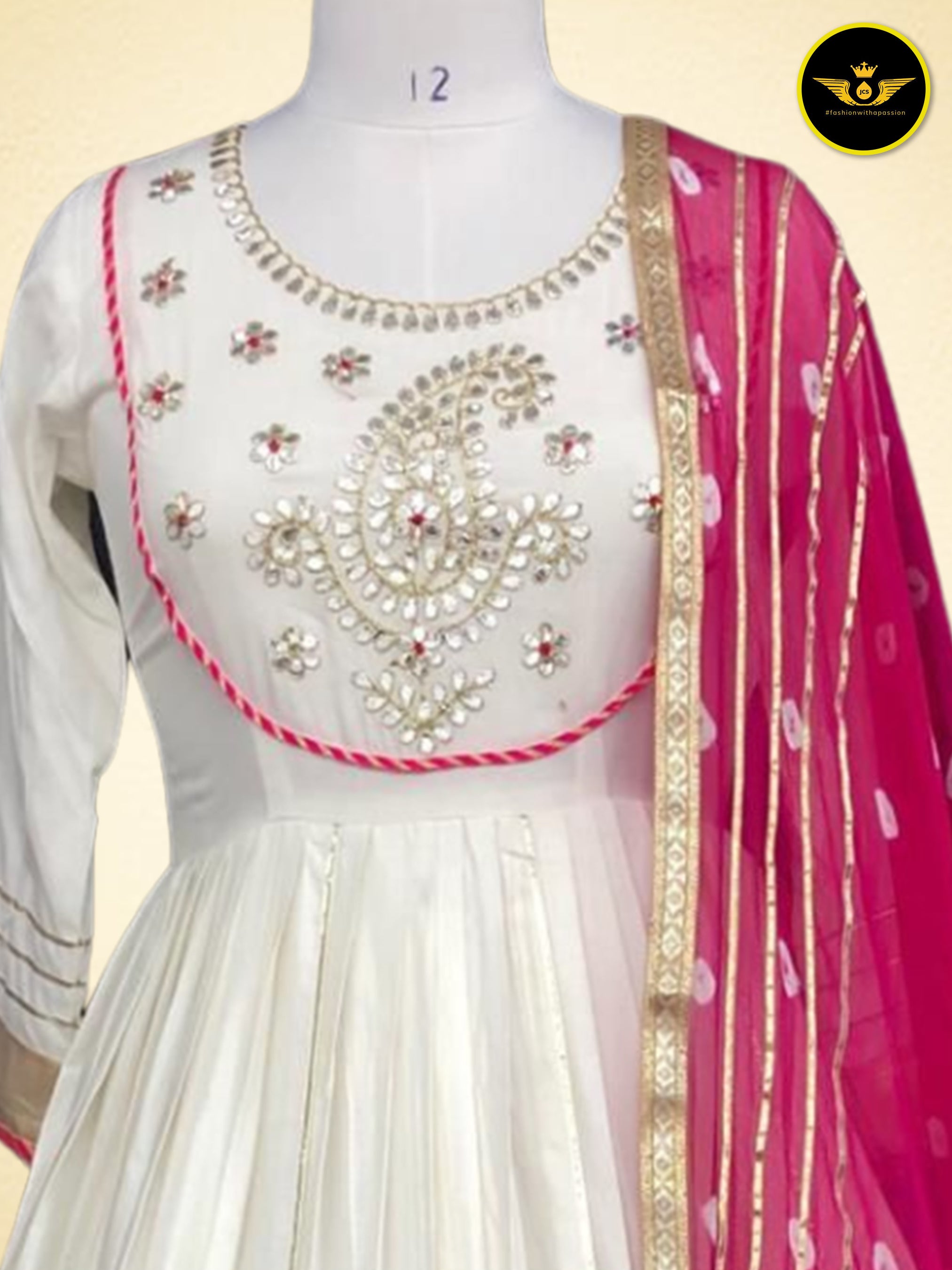 Beautiful Anarkali Gown with Bandej Dupatta in Mesmerizing White KURTI JCS Fashions