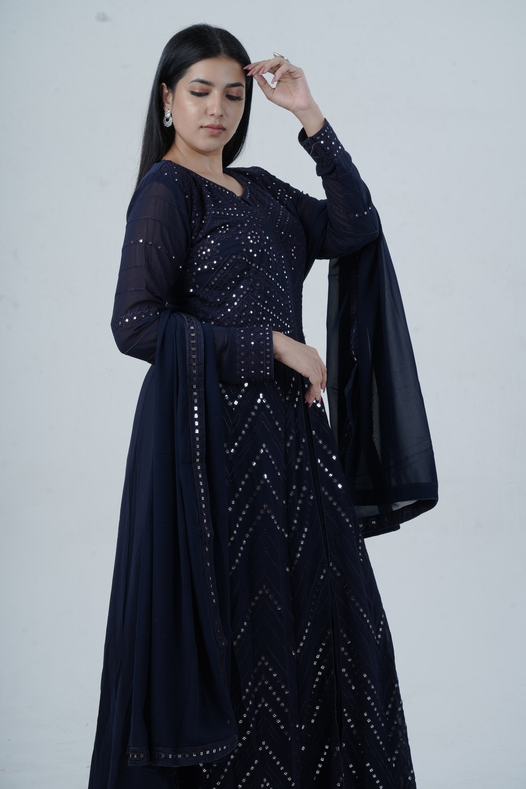 Elegant Floor-Length Gown with Embroidery & Sequins - Navy Blue KURTI JCS Fashions