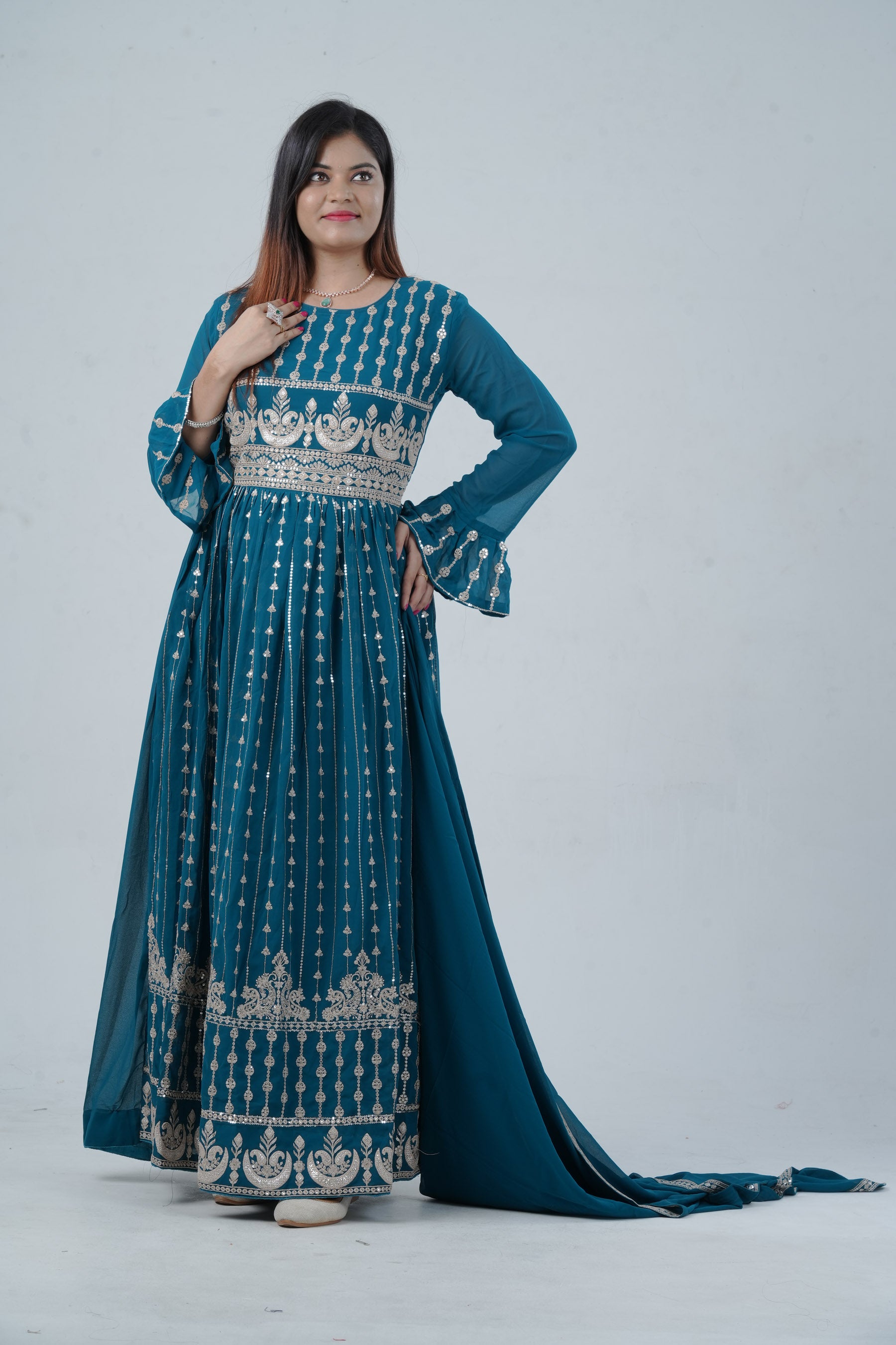 Georgette KURTI Top with Signature Embroidery & Dual Sleeve Design KURTI JCS Fashions Blue Small (36)