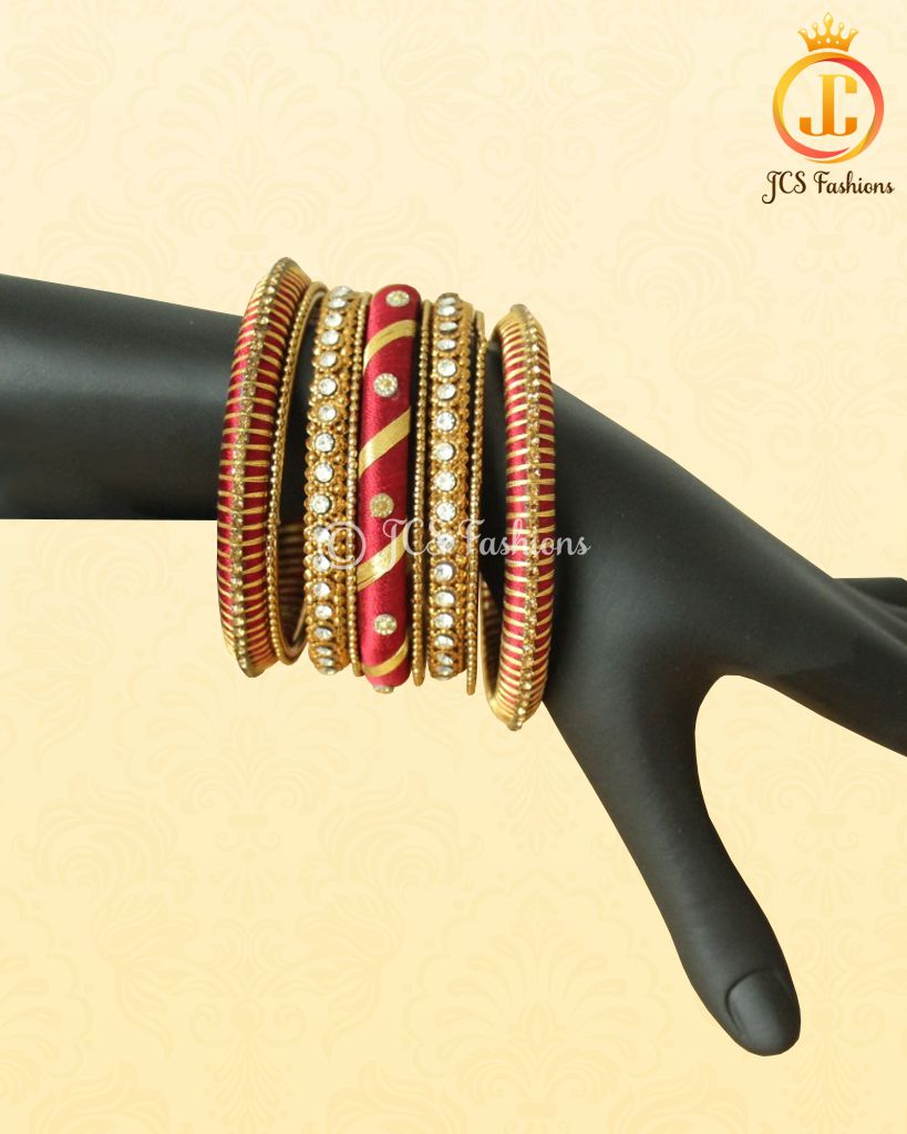 Red and Gold Silk Thread Bangles: Elegant Metal & Stone Fillers