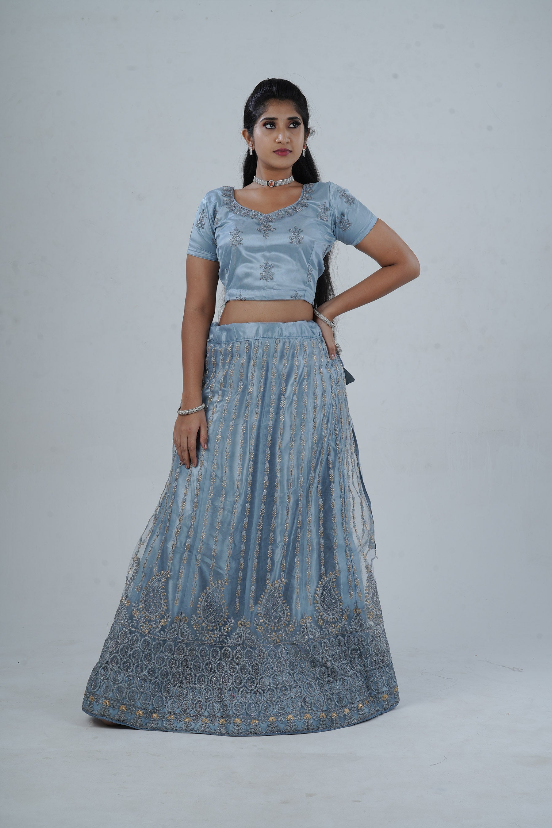 Exquisite Designer Soft Net Lehenga & Glitter-Embroidered Crop Top Set LEHENGA JCS Fashions