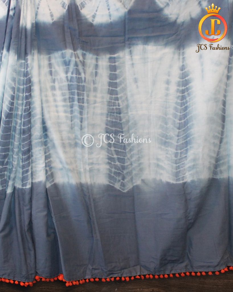 Shibori Design Mulmul Cotton Saree With Pom Lace Blouse