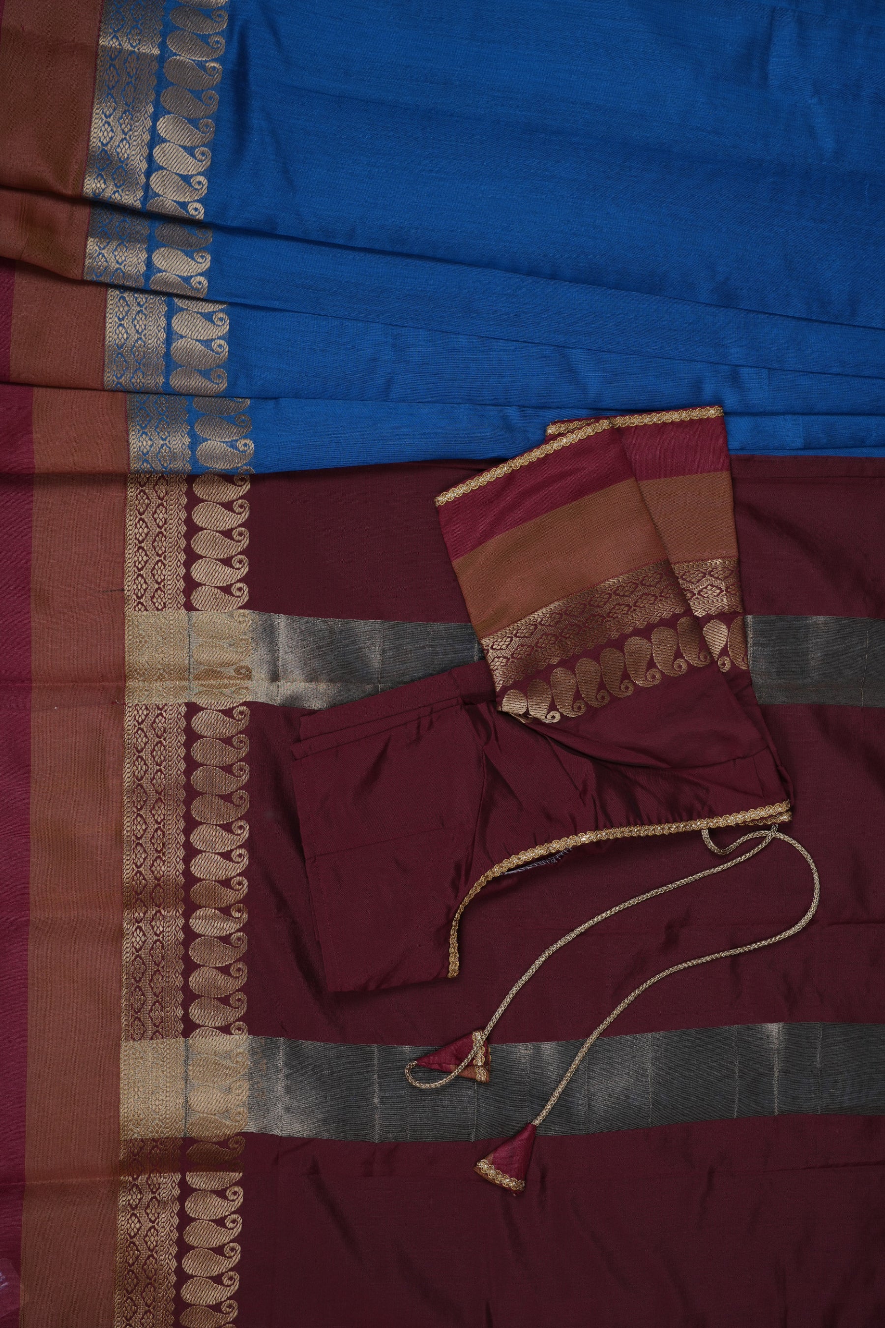 Silk Cotton Saree with Zari Border, Line Pallu and Stitched Blouse