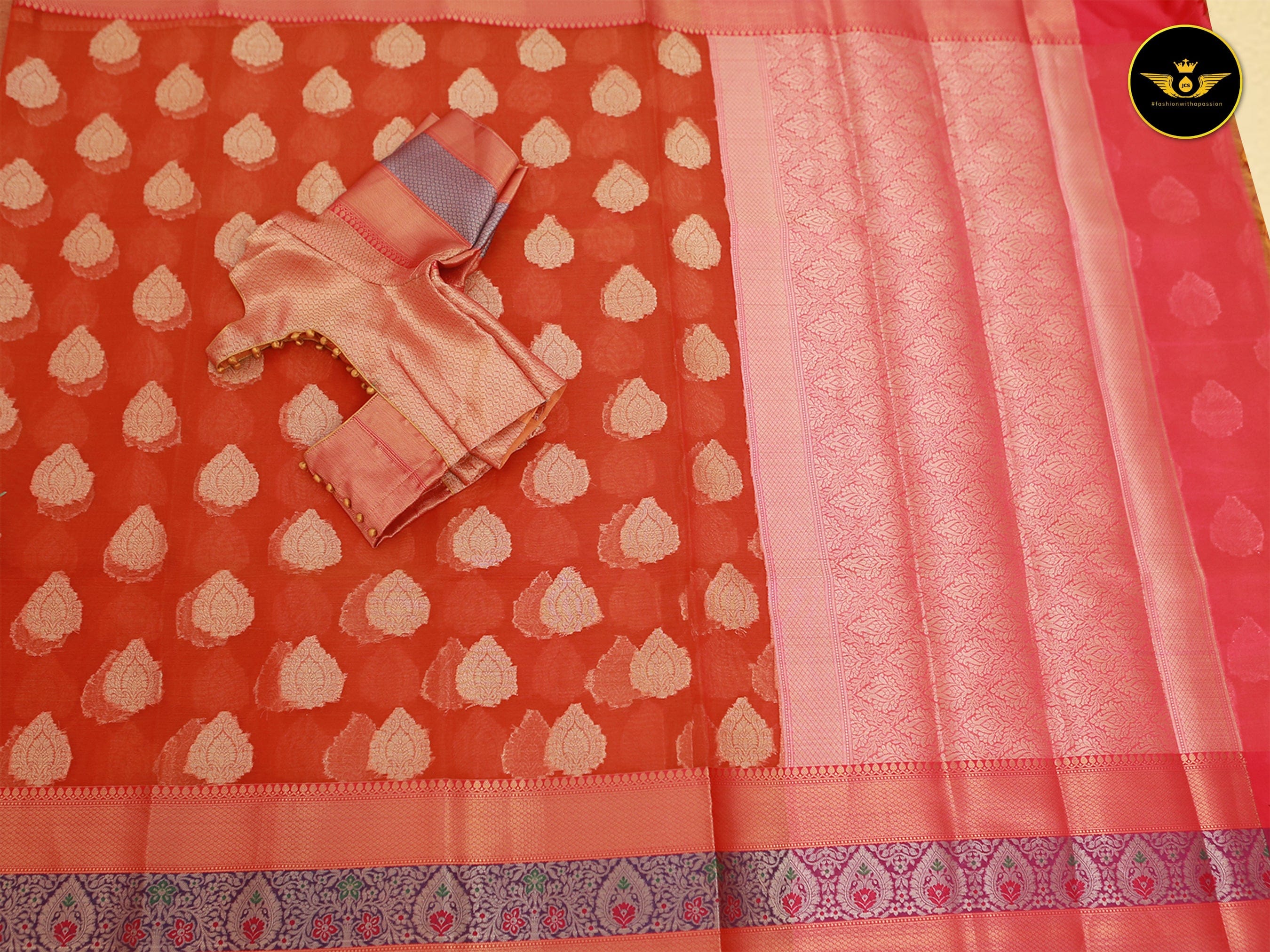 Premium Organza Pattu Saree, Allover Weaving, Big Butta Design, and Contrasting Pallu. SAREE JCS Fashions