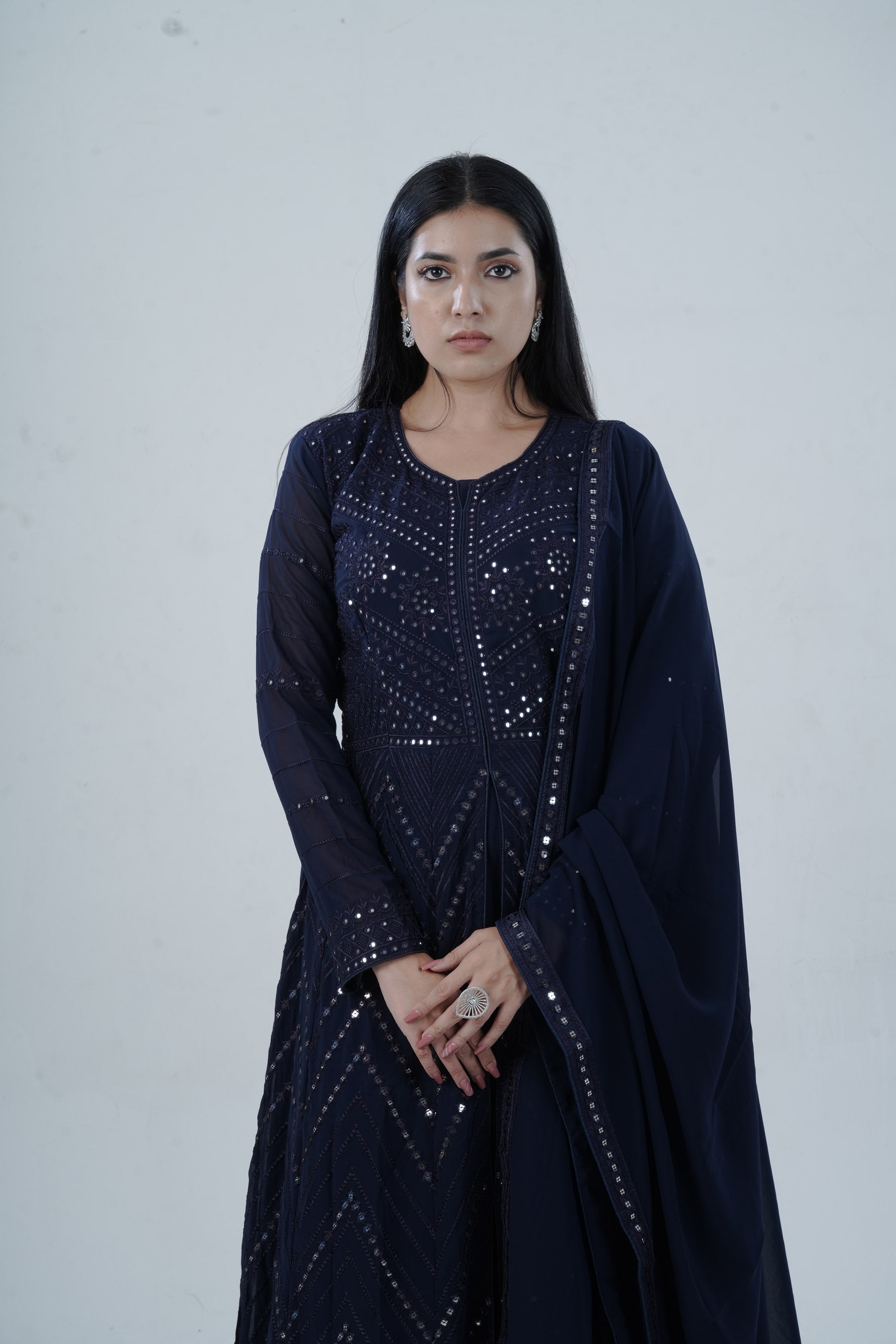 Elegant Floor-Length Gown with Embroidery & Sequins - Navy Blue KURTI JCS Fashions