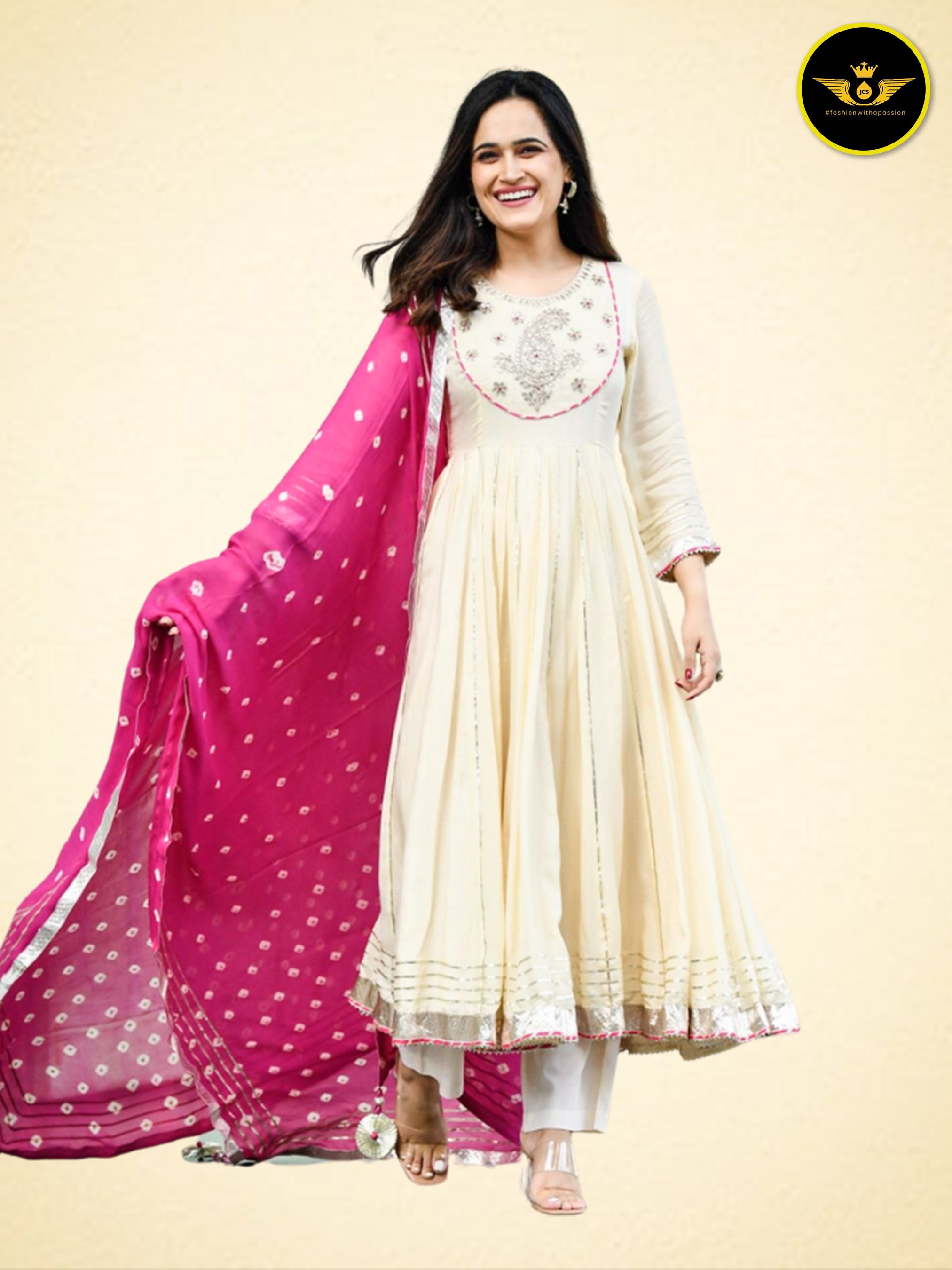 Beautiful Anarkali Gown with Bandej Dupatta in Mesmerizing White KURTI JCS Fashions