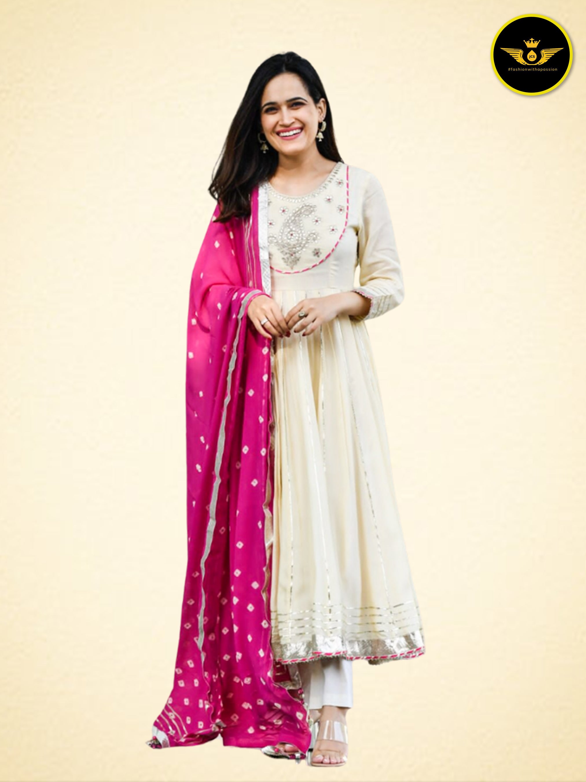 Beautiful Anarkali Gown with Bandej Dupatta in Mesmerizing White KURTI JCS Fashions