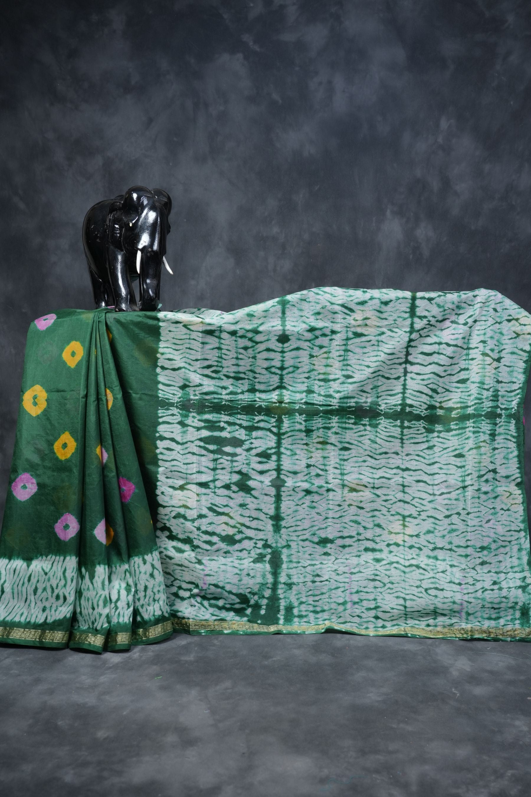 Pretty RAW SILK SHIBORI Sarees - Genuine BANDHEJ Design and Zari Border SAREE JCS Fashions Green 5.5 meters