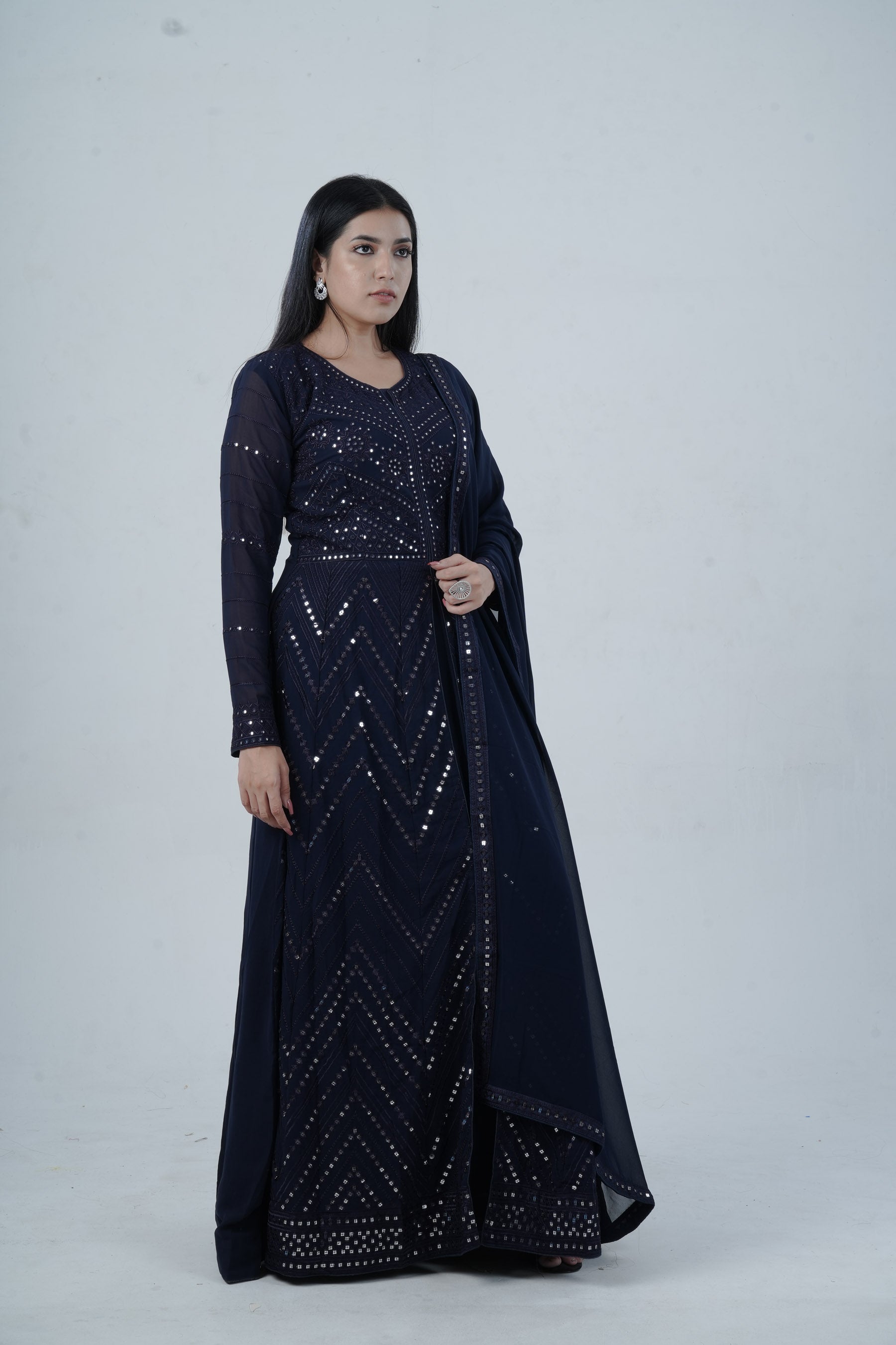 Elegant Floor-Length Gown with Embroidery & Sequins - Navy Blue KURTI JCS Fashions