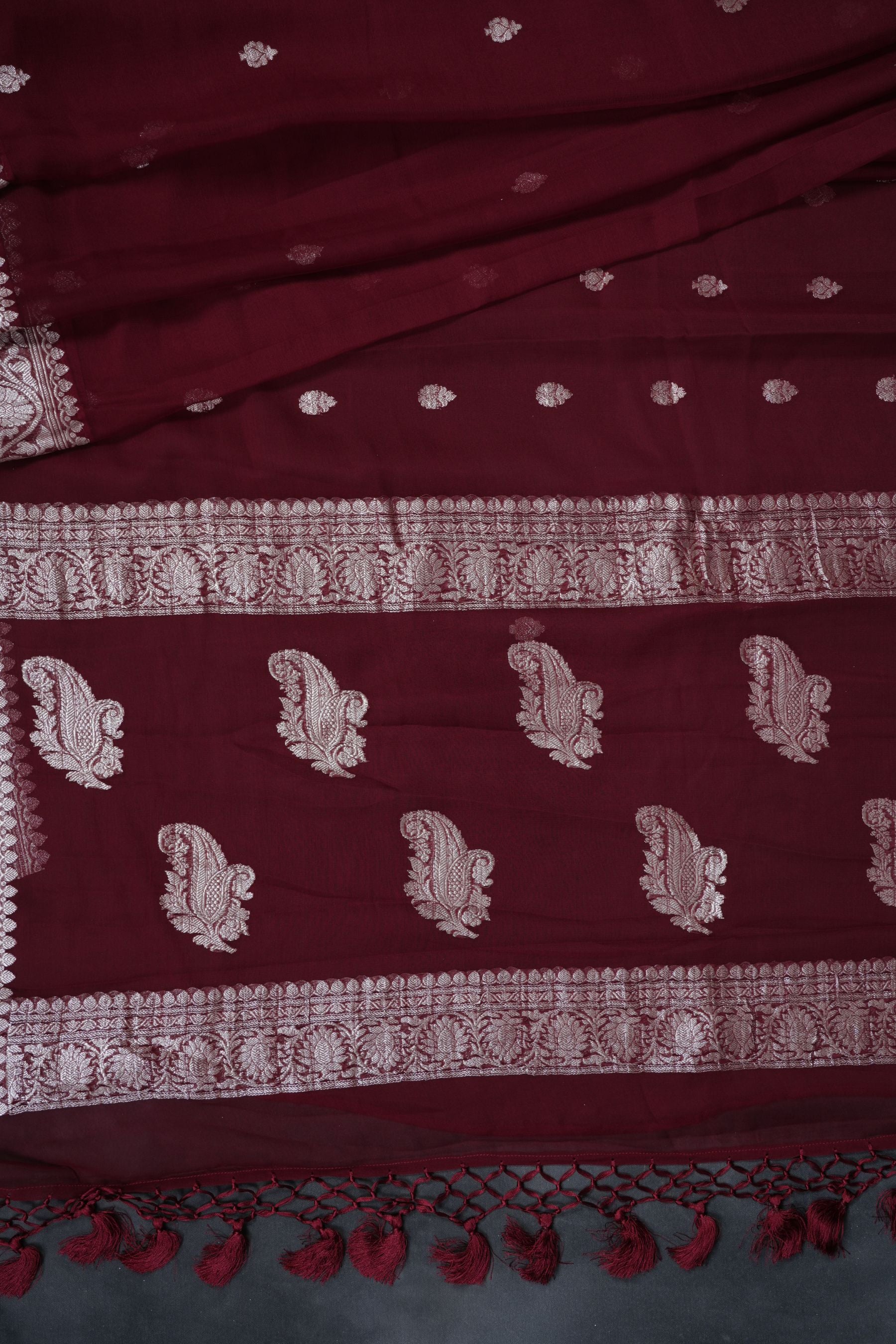 Authentic Banarasi Chiffon Saree - Silver Zari Border & Bootie Design Saree JCS Fashions