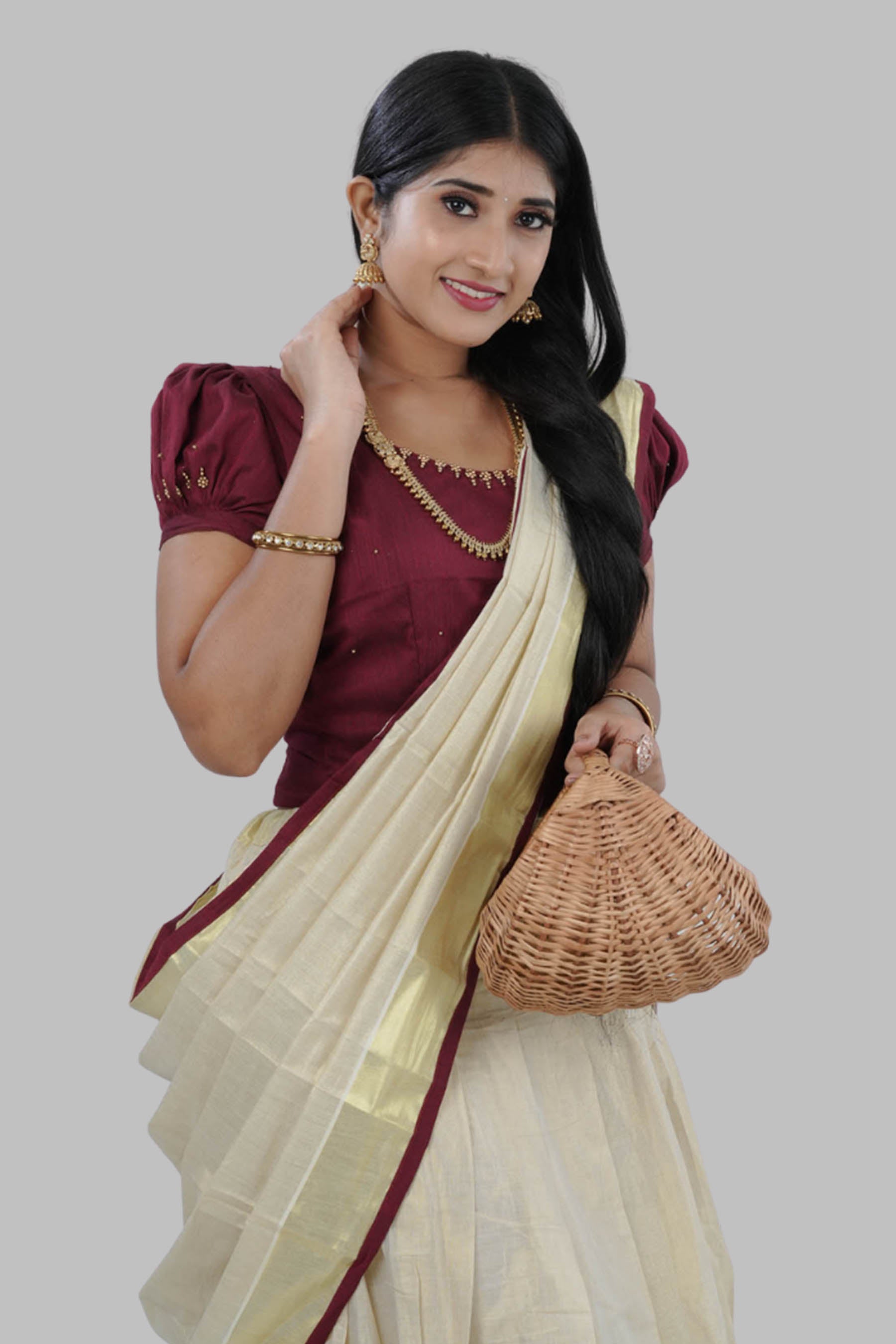 High-quality Kerala Cotton Lehenga Set in Golden Tissue fabric LEHENGA JCS Fashions Maroon & Beige Large (40)