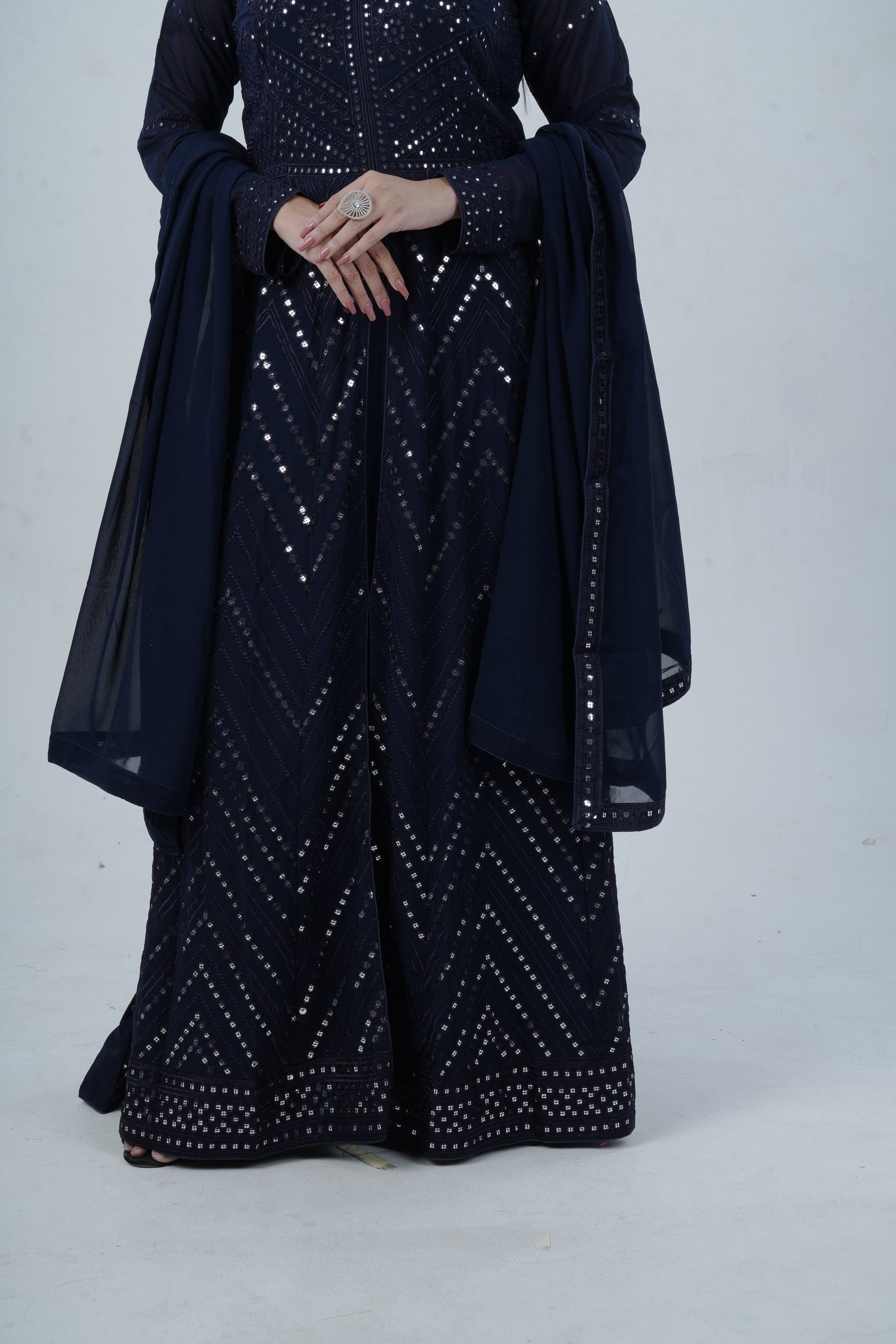 Elegant Floor-Length Gown with Embroidery & Sequins - Navy Blue KURTI JCS Fashions