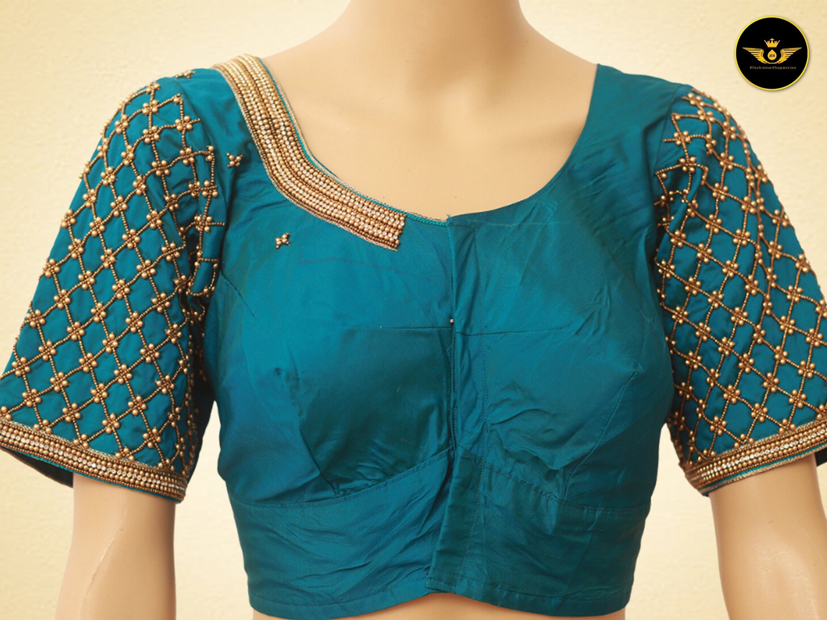 Beautiful Heavy Aari Work Blouse With Captivating Latkan Blouse JCS Fashions Rama Blue 38