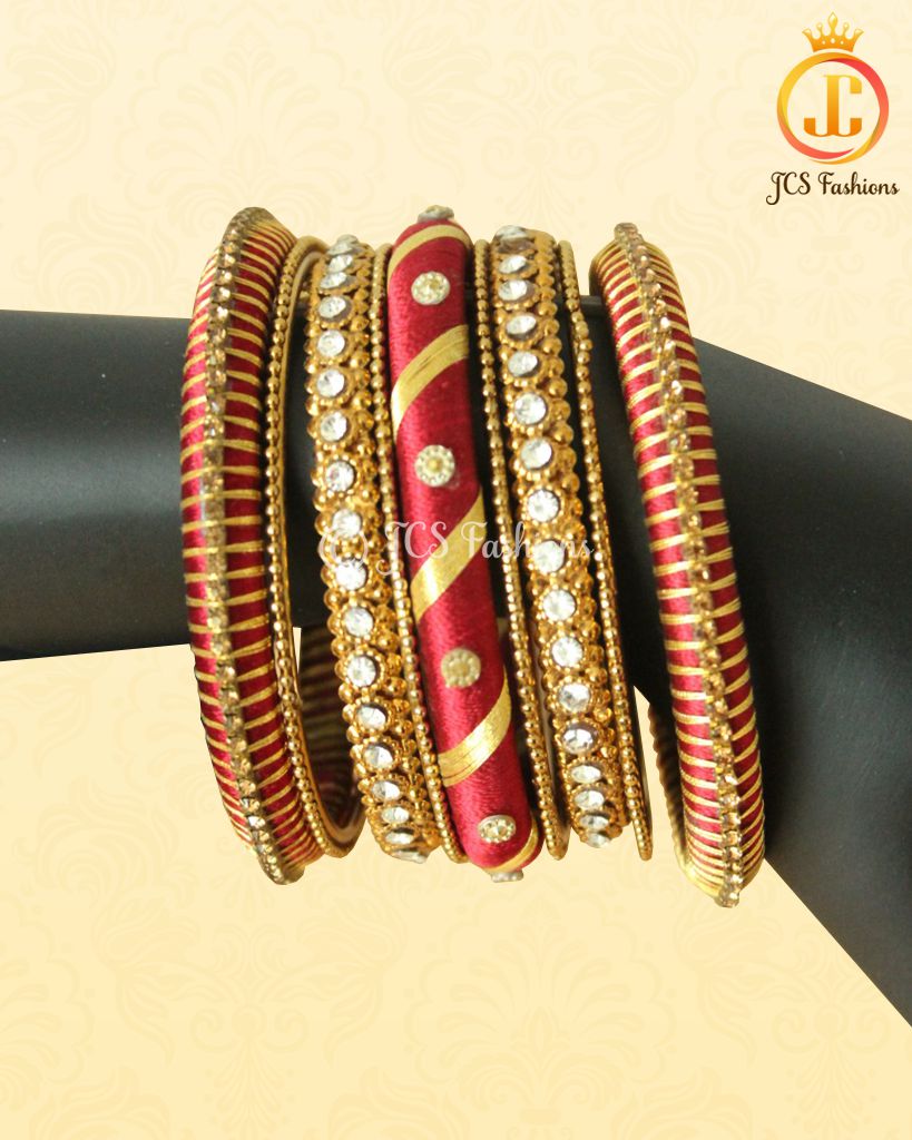 Red and Gold Silk Thread Bangles: Elegant Metal & Stone Fillers