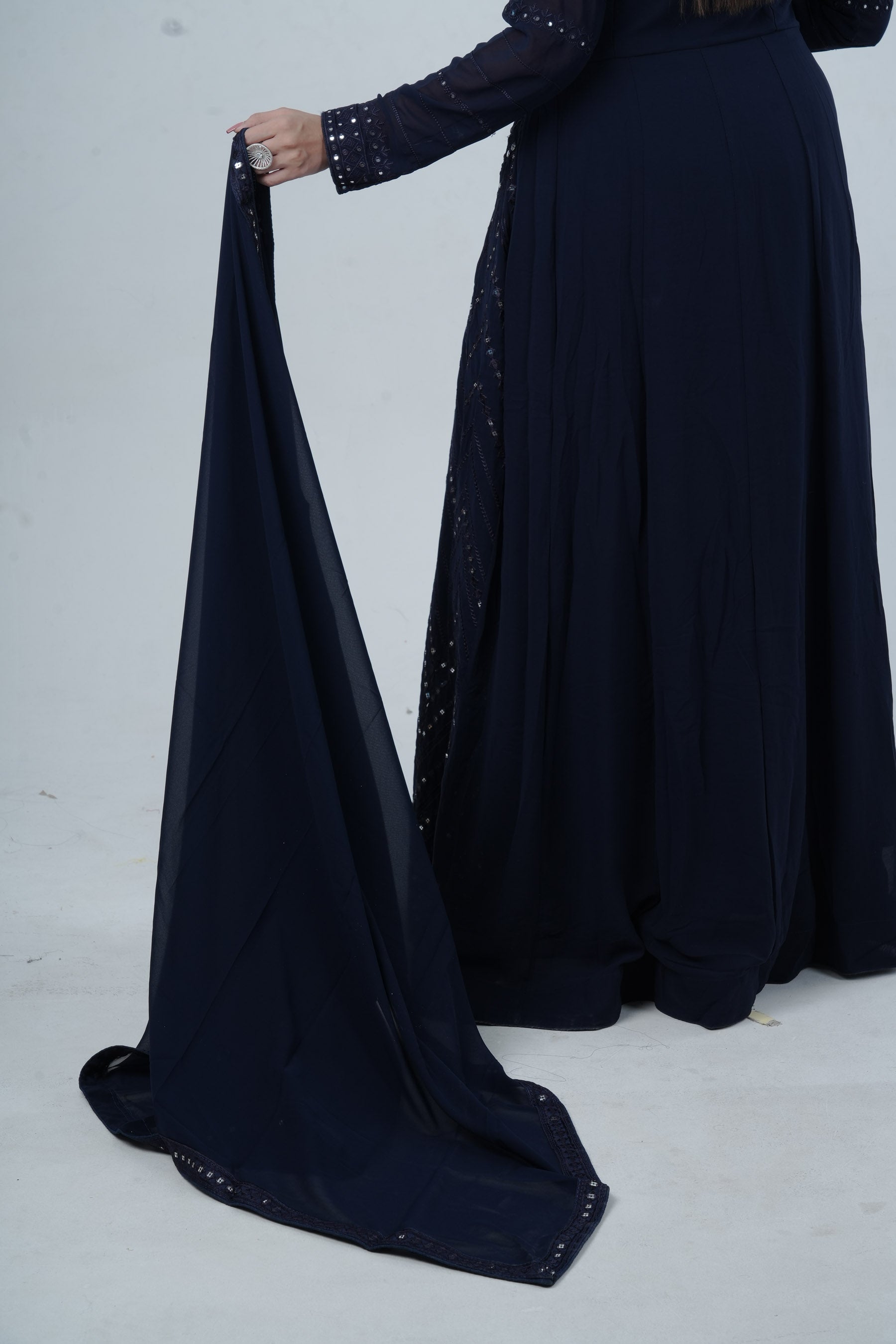 Elegant Floor-Length Gown with Embroidery & Sequins - Navy Blue KURTI JCS Fashions