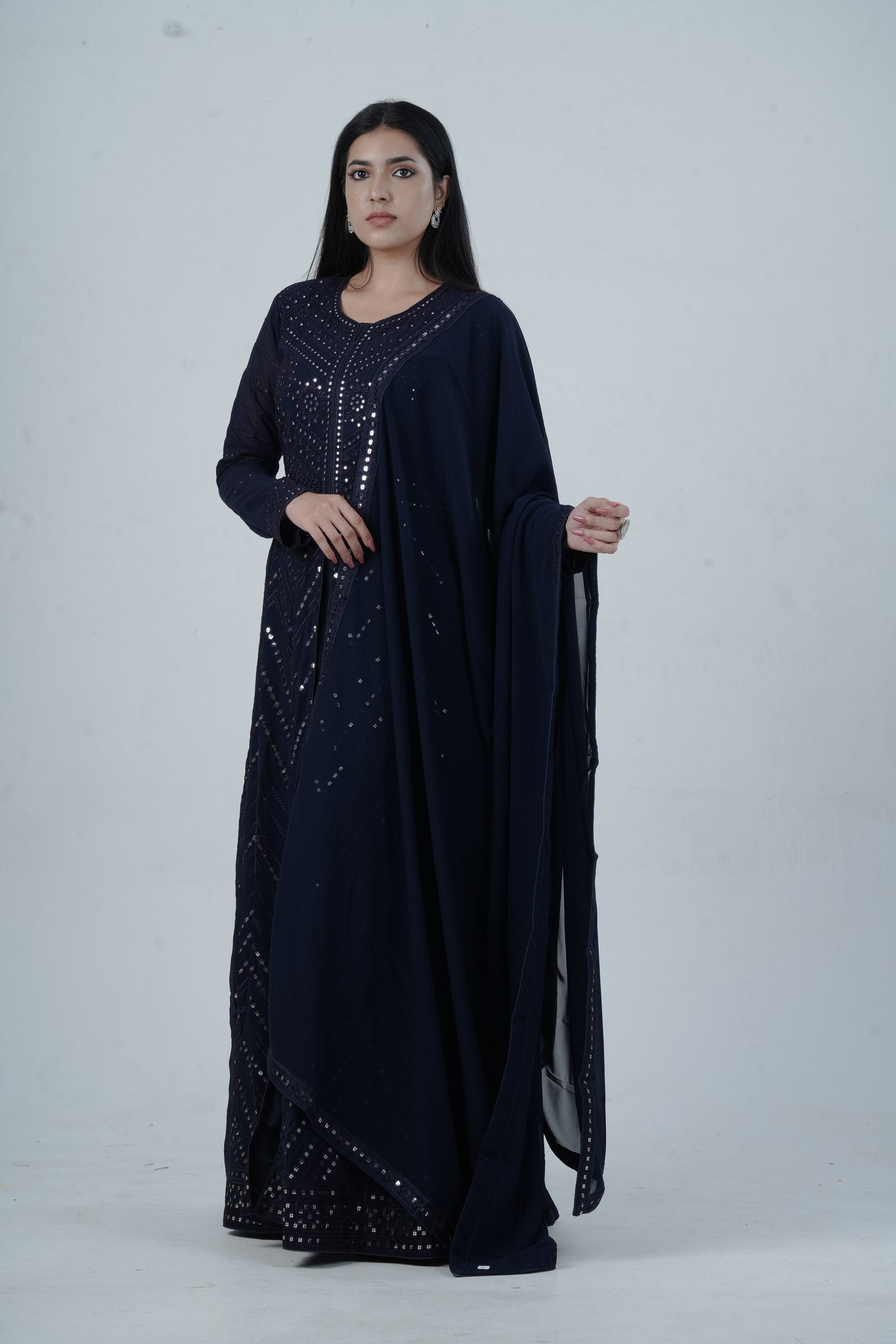 Elegant Floor-Length Gown with Embroidery & Sequins - Navy Blue KURTI JCS Fashions Navy Blue X-Large (42)