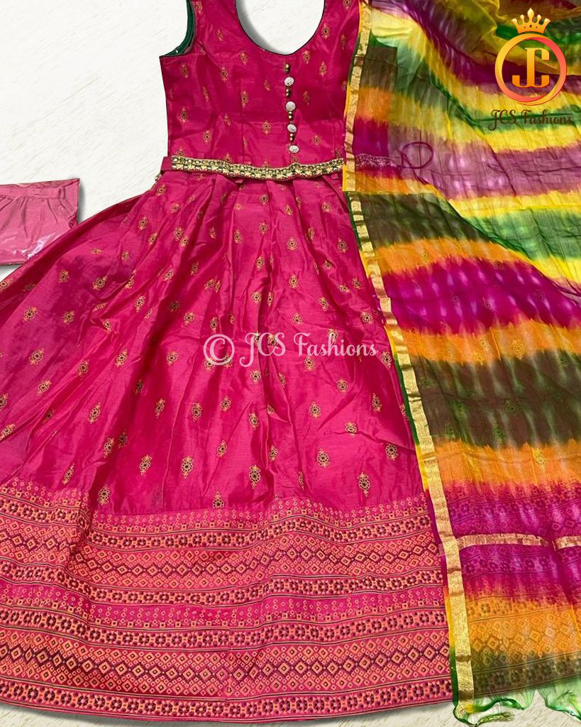 Chanderi Long Gown With Separate Belt And Beautiful Dupatta KURTI JCS Fashions Rani Pink Large (40)