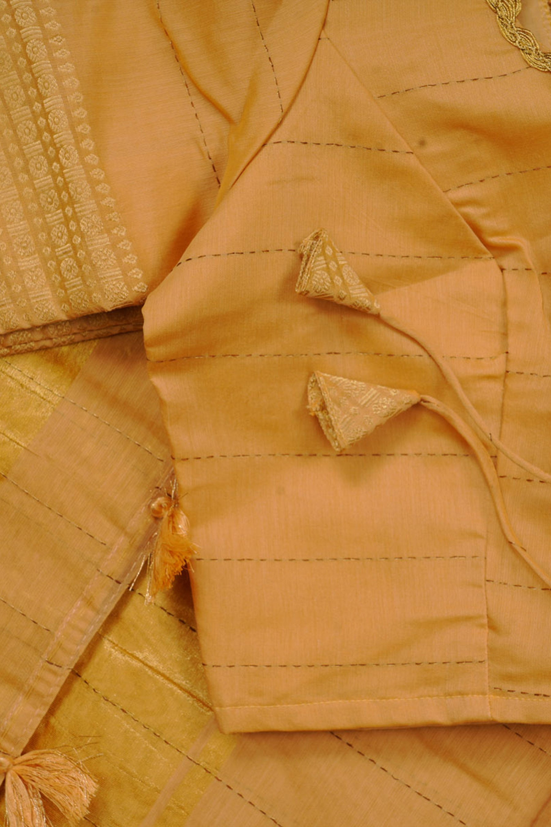 Gold Kanchi Organza Saree with Kanchi Border - Fully Stitched Blouse