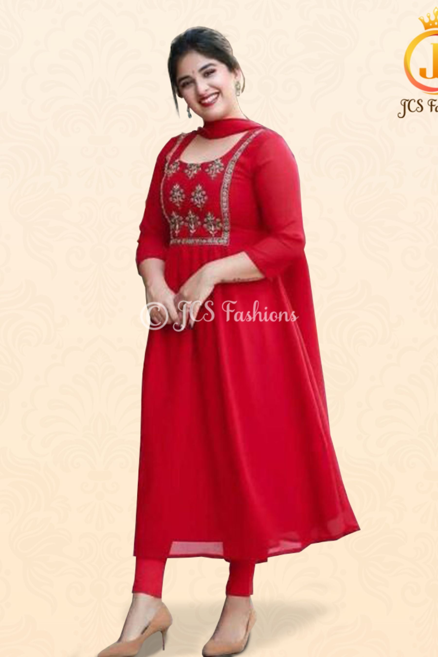 Embroidery Work Anarkali Dress with Bottom and Dupatta KURTI JCS Fashions Red Medium (38)