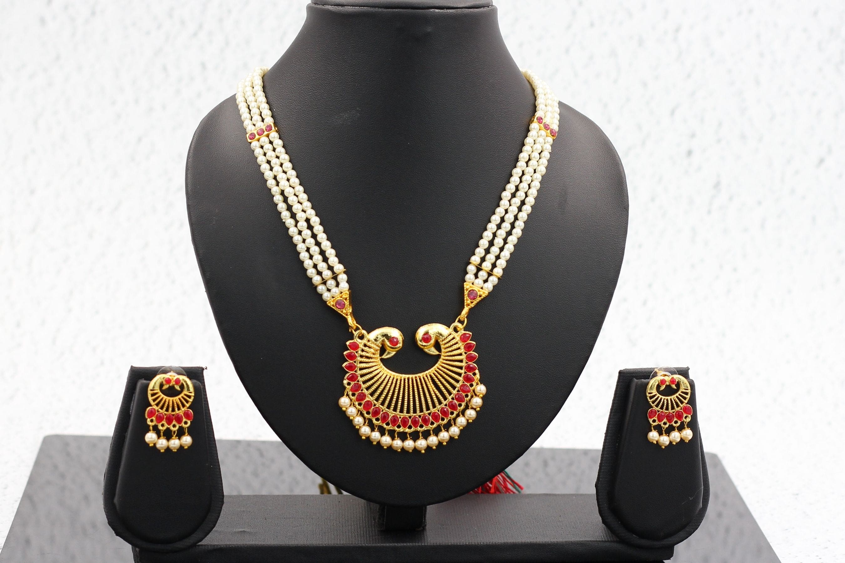 Elegant Peacock Design Jewelry Set with Pearls for Women Jewelry JCS Fashions Red 14.5 inch