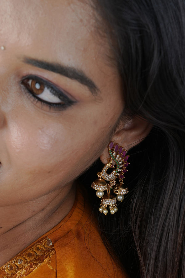 Traditional Peacock Jhumka Earrings with Sparkling Pink & White Stones
