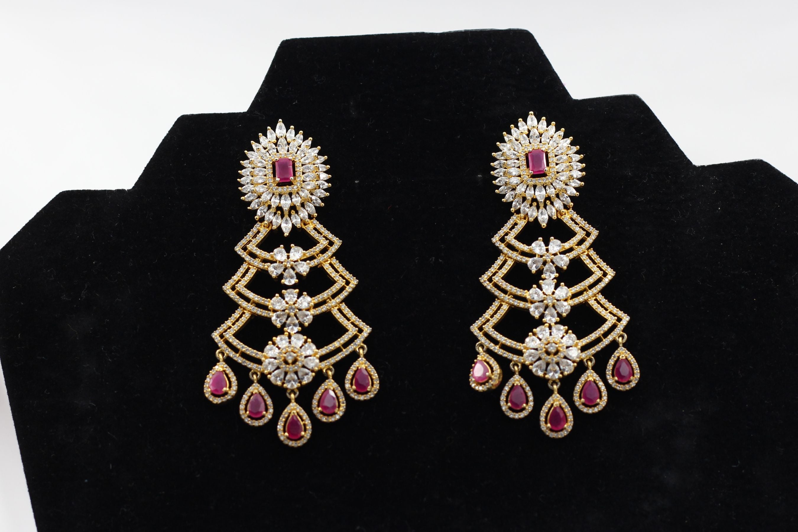 Luxe Pink & White Stone Long Earrings with Gold Polish - JCS Fashions