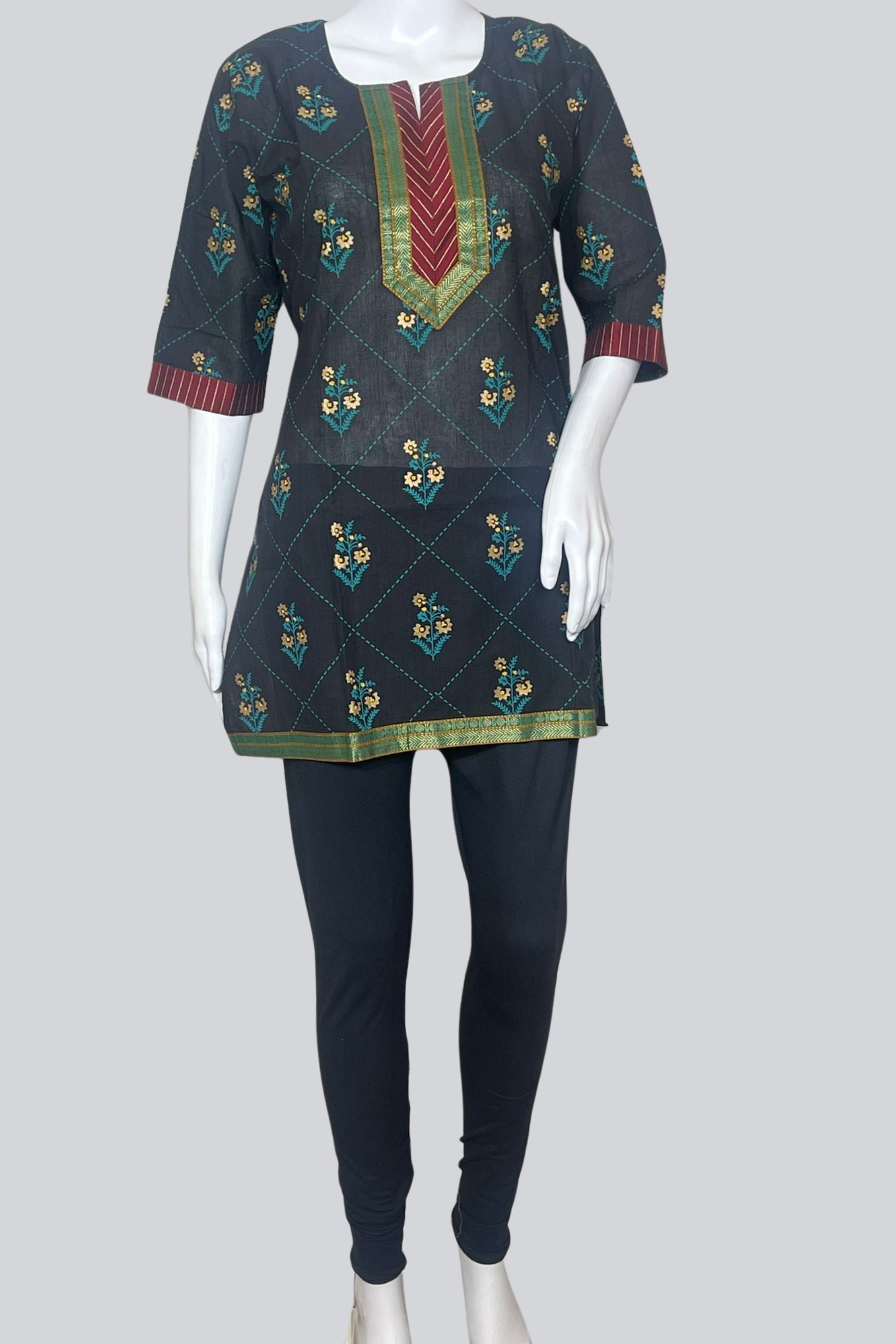 Golden Elegance: Cotton Kurti with Zari Weaving & Prints - JCS Fashions KURTI JCS Fashions Black Large (40)