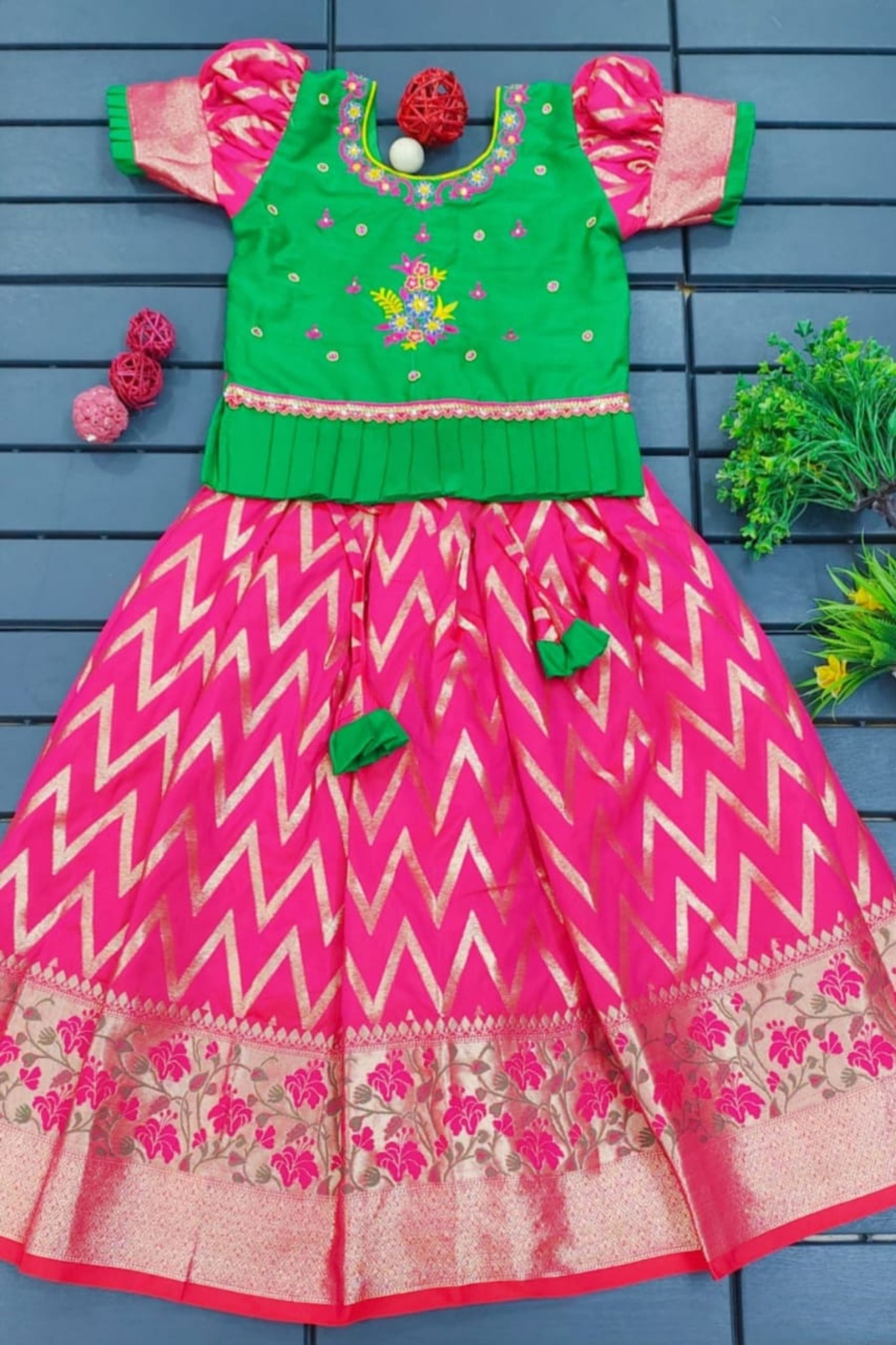 Banarasi Skirt Set with Zari Weaving and Rawsilk Embroidered Skirt& Top JCS Fashions Green 26