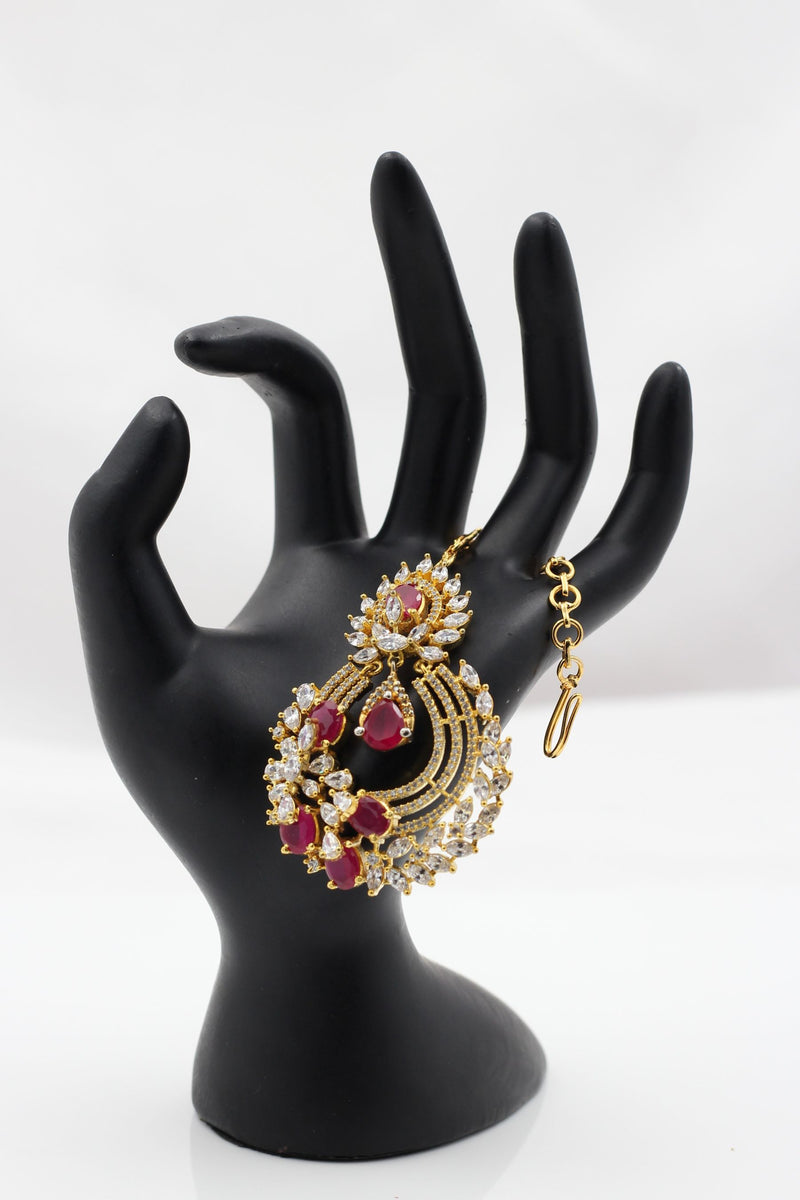 Regal Gold-Polished American Diamond Tikka with Pink & White Stones