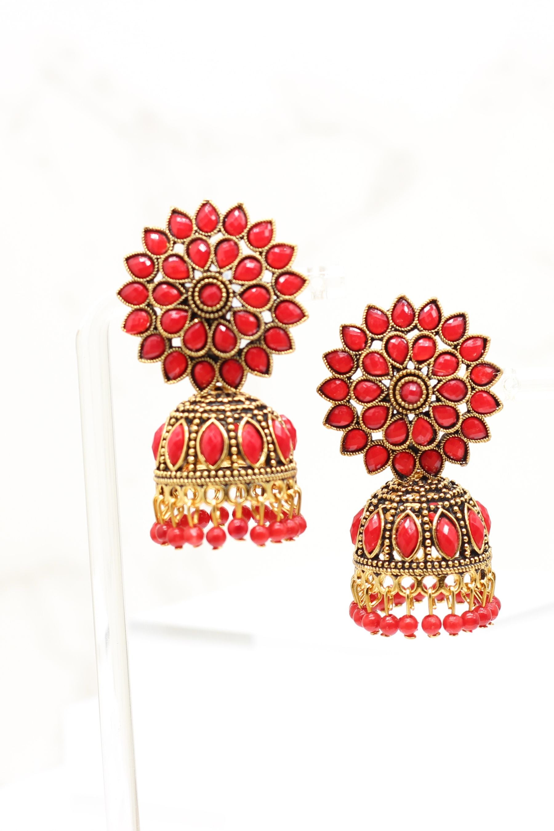 Antique Gold Jhumka Earrings: Elegant Beads, Explore Chic Glam Jewelry JCS Fashions Red 2"