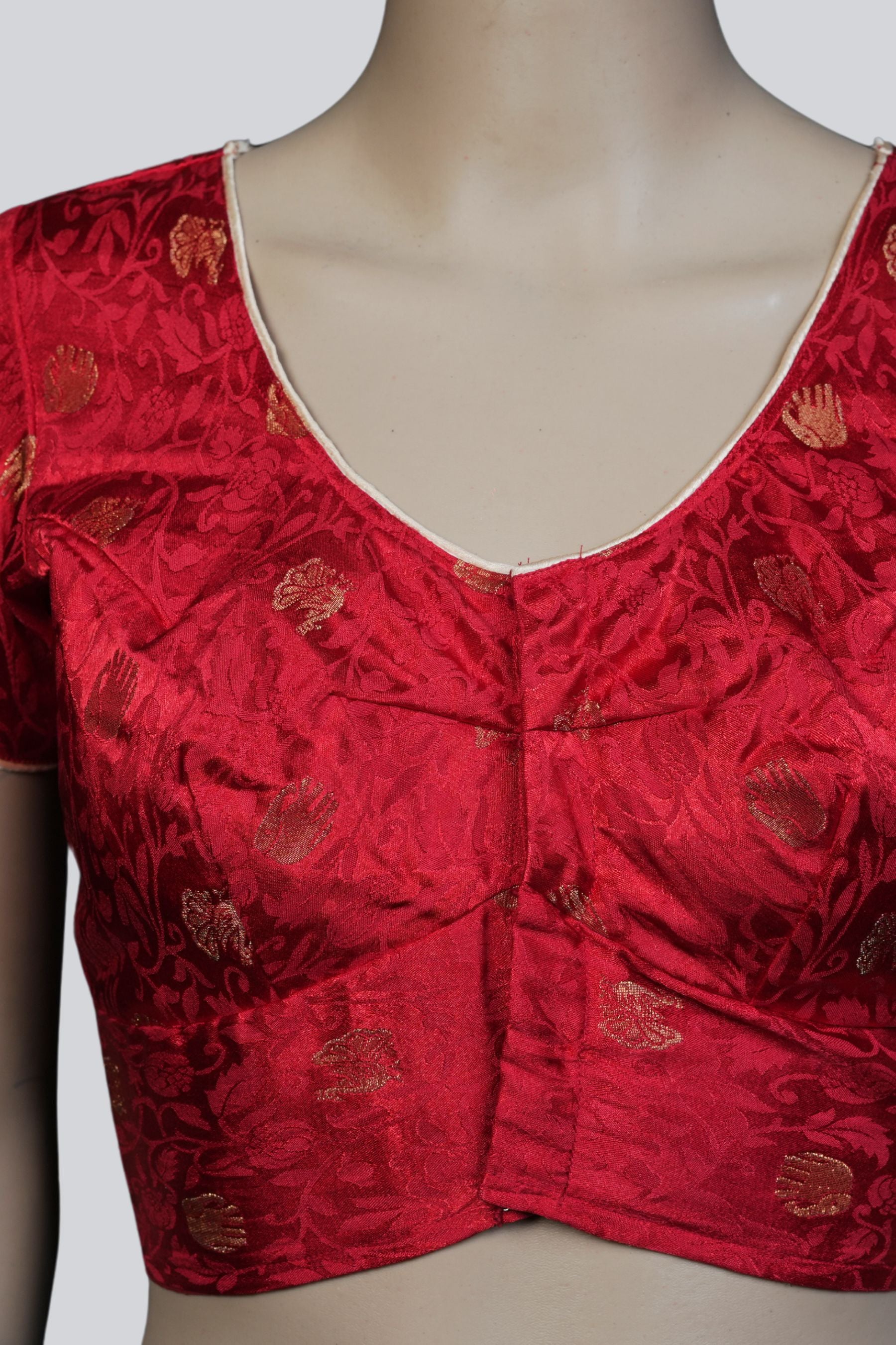 Red Brocade Blouse: Elegant Elephant Motifs | JCSFashions