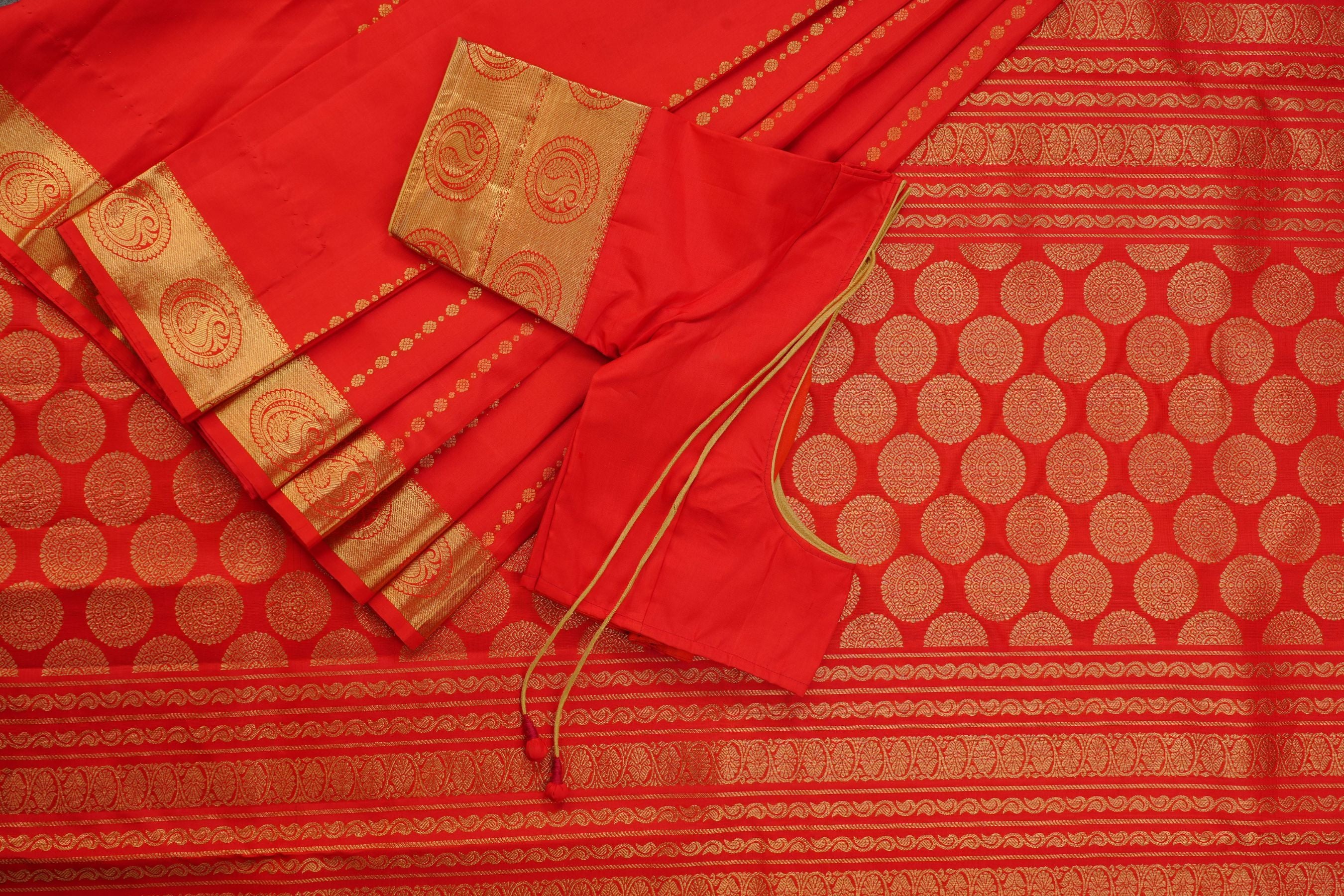 Pure Kanchipuram Saree: Gold and Copper Zari Butties & Stitched Blouse SAREE JCS Fashions