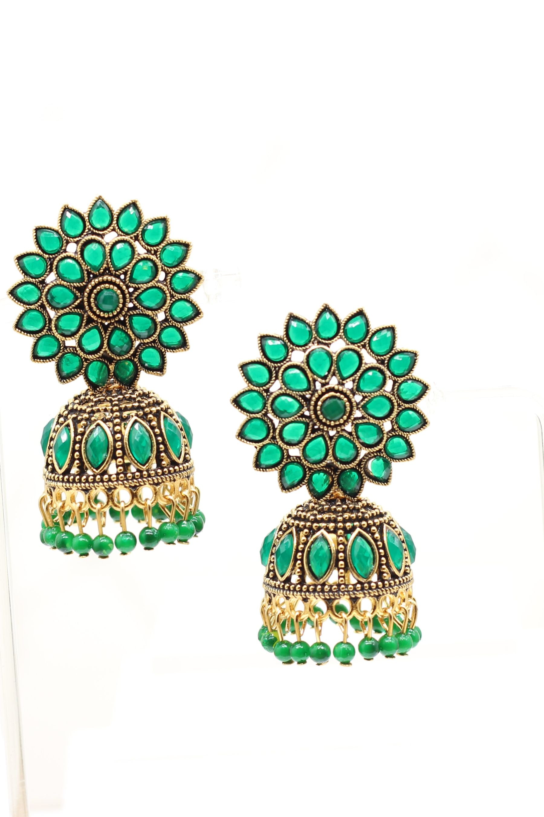 Antique Gold Jhumka Earrings: Elegant Beads, Explore Chic Glam Jewelry JCS Fashions Emerald Green 2"