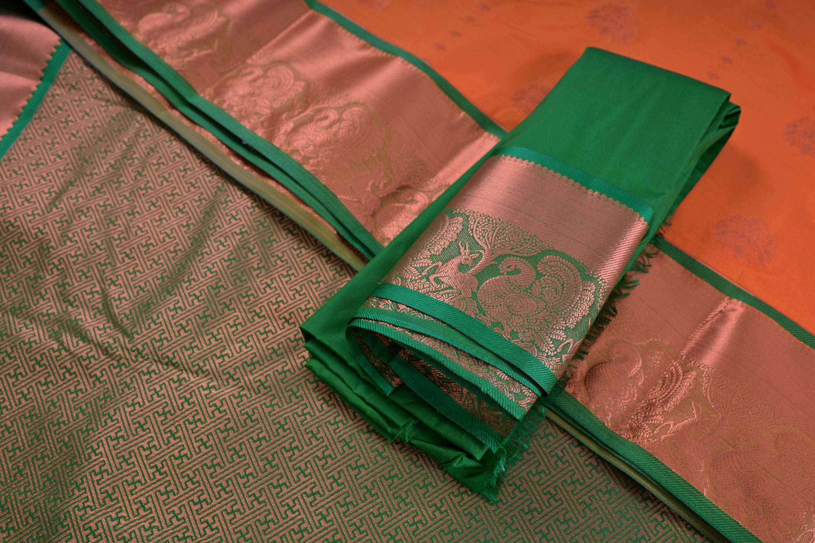 Regal Peacock-Design Saree with Copper Zari Motifs & Double-sided Border Saree JCS Fashions