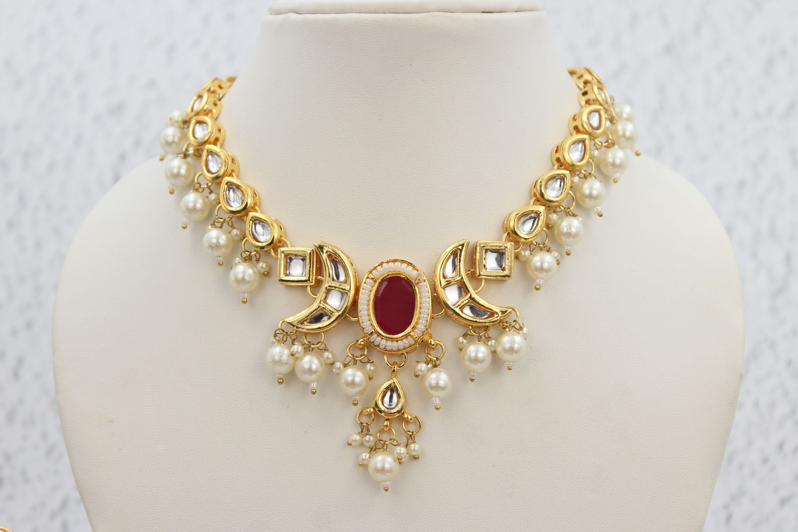 Kundan Fashion Double-Side Necklace Set - Pearls & Red Stone Elegance Jewelry JCS Fashions