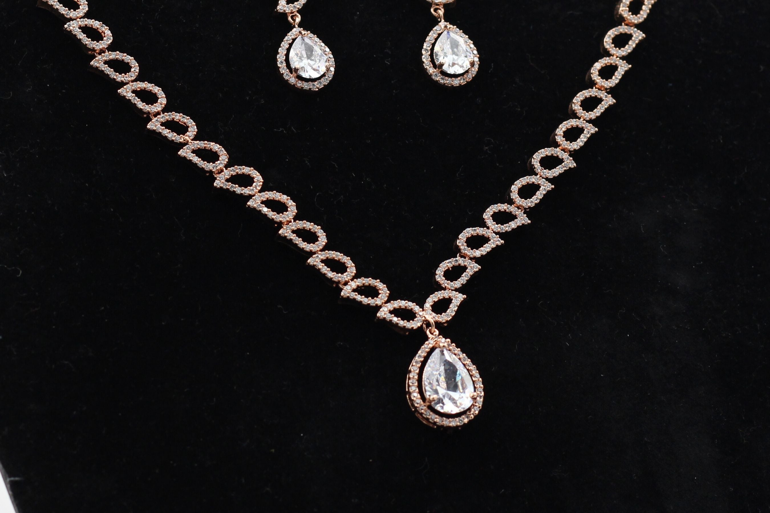 Rose Gold Stone Jewelry Set: Necklace & 1.2" Earrings by JCSFashions Jewelry JCS Fashions