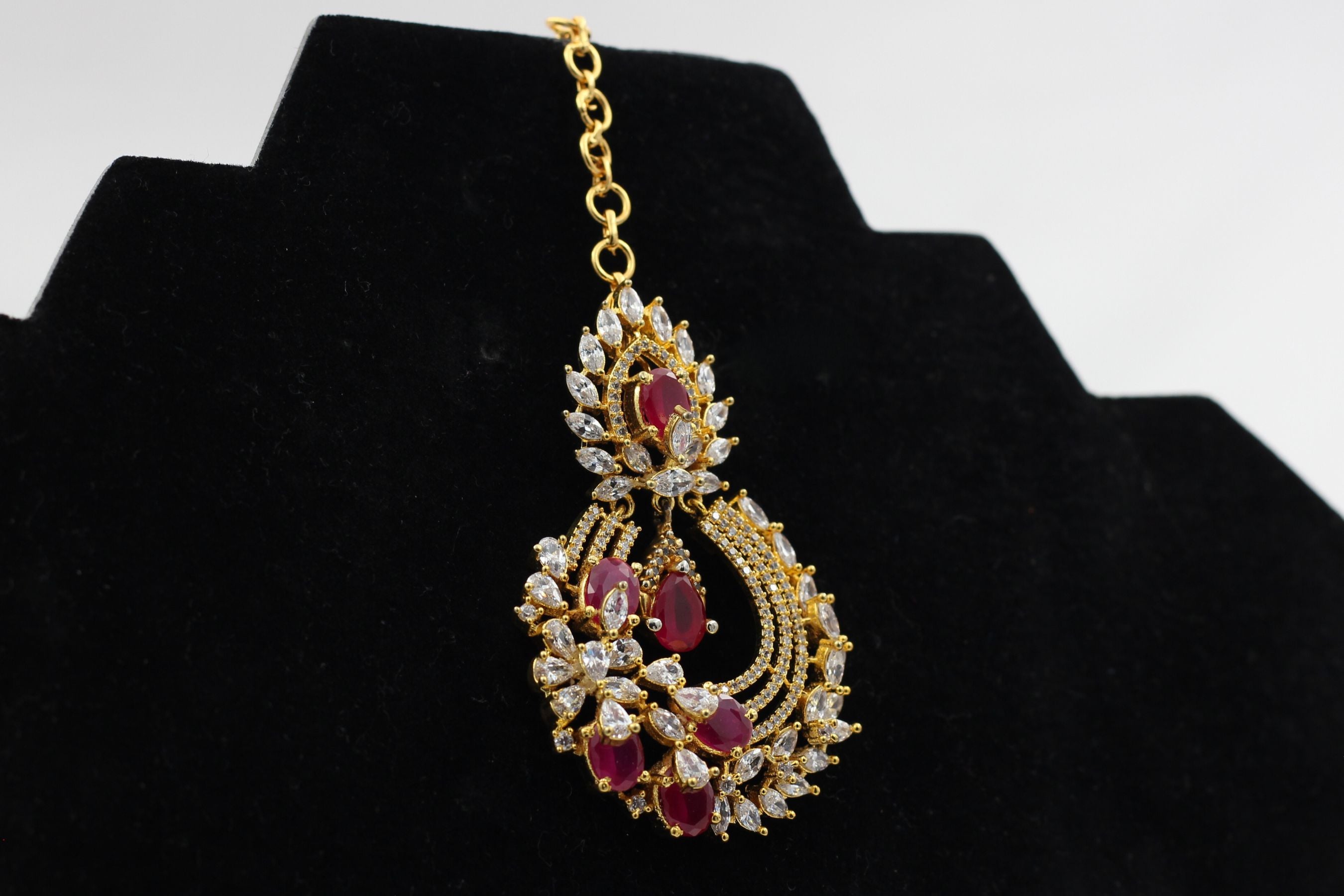 Regal Gold-Polished American Diamond Tikka with Pink & White Stones Jewelry JCS Fashions