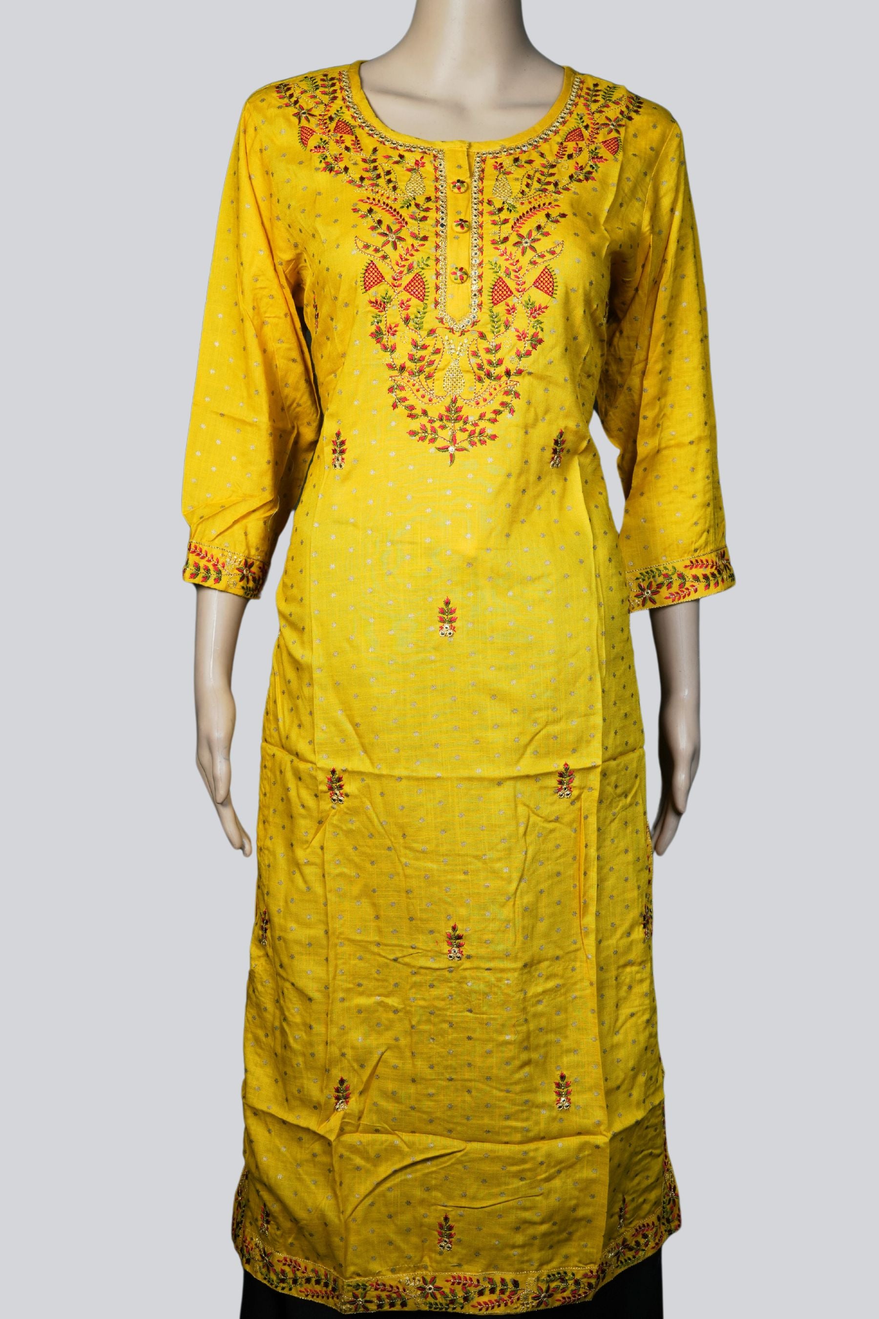 Rayon Kurti with Intricate Embroidery and Sequin Detailing – JCSFashions KURTI JCS Fashions Yellow Medium (38)