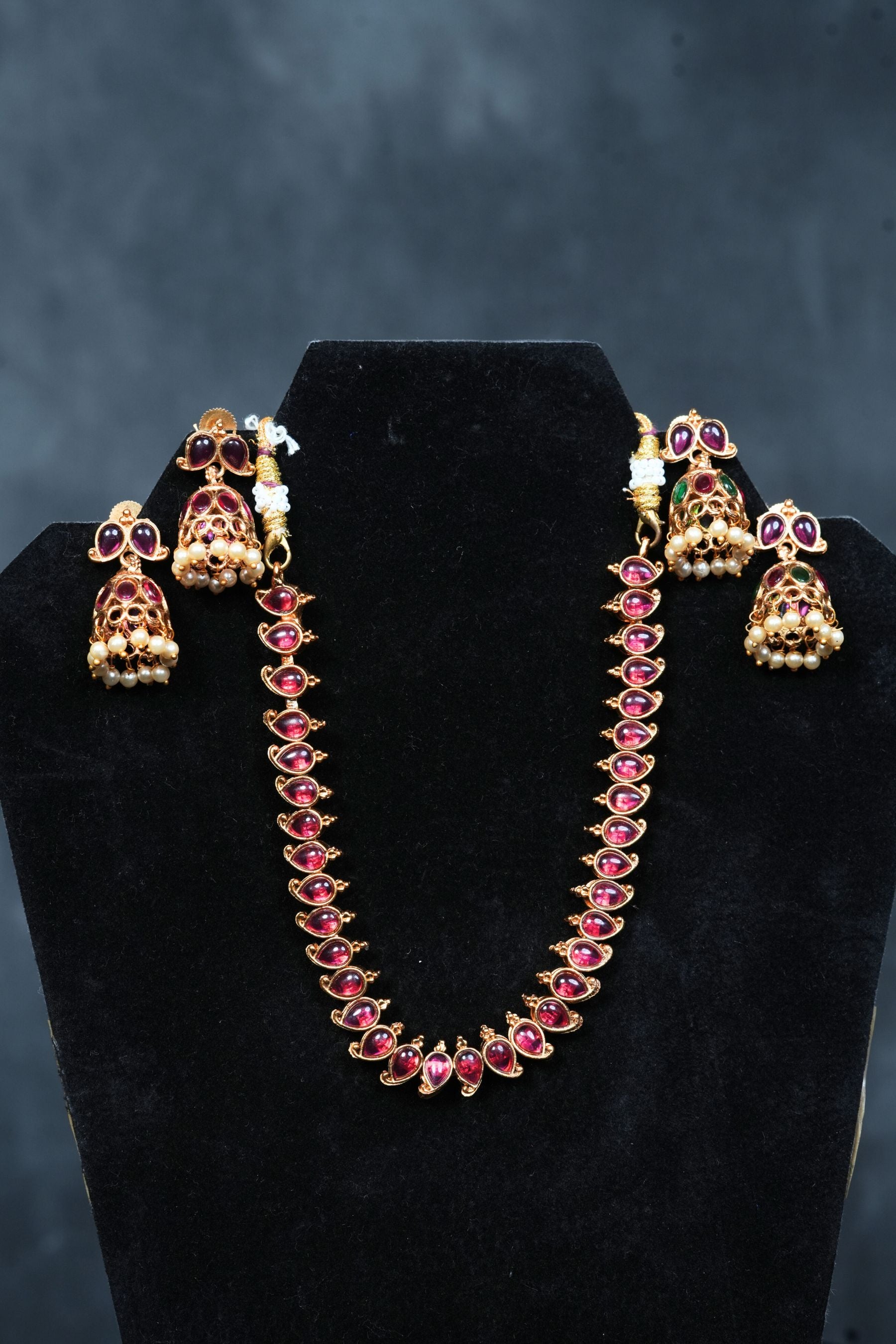 Dual Elegance: Matte Finish Neckset with Pink & Green Stones