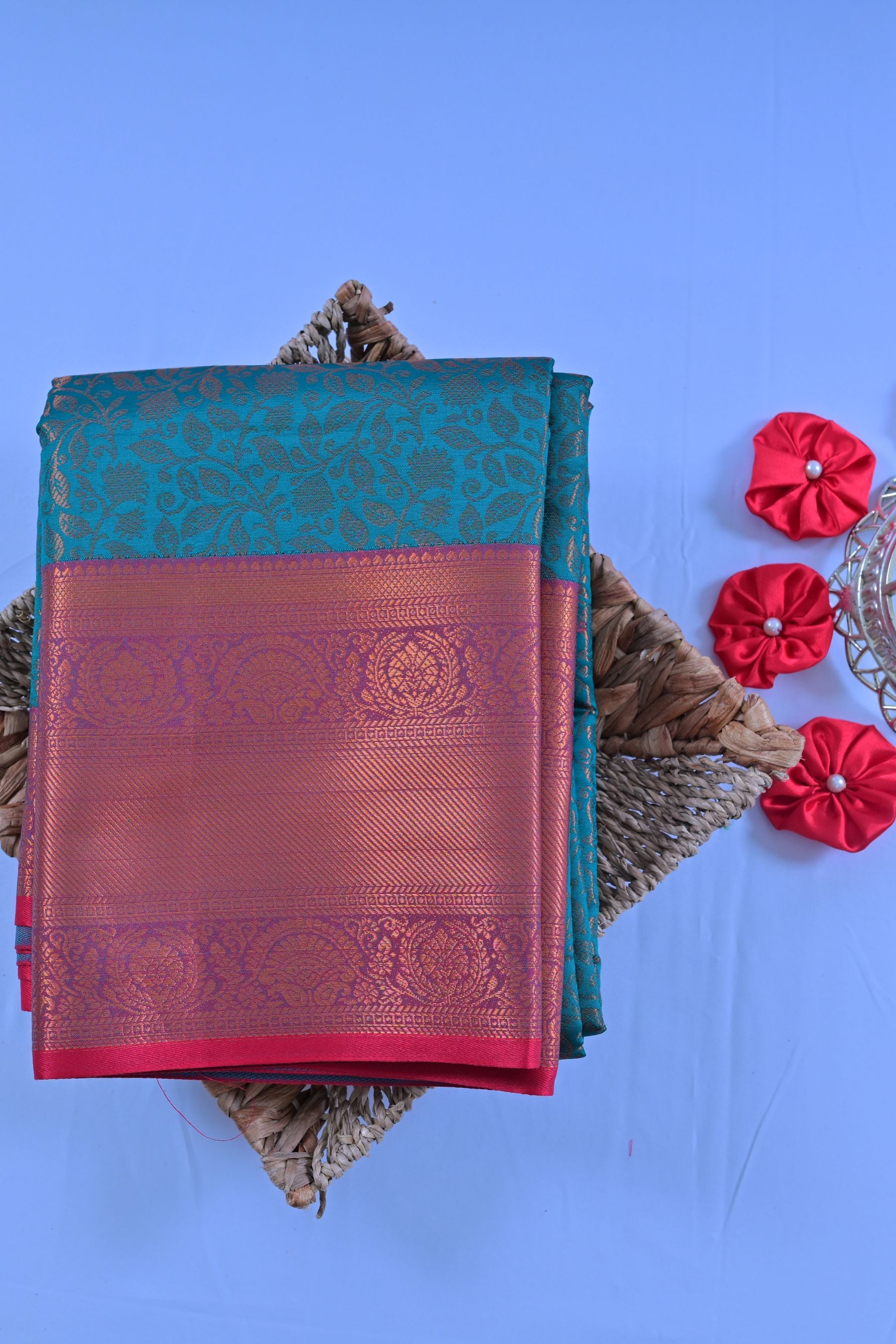 Radiant Semi-Silk Saree with Golden Zari and Unique Dual-Border Design