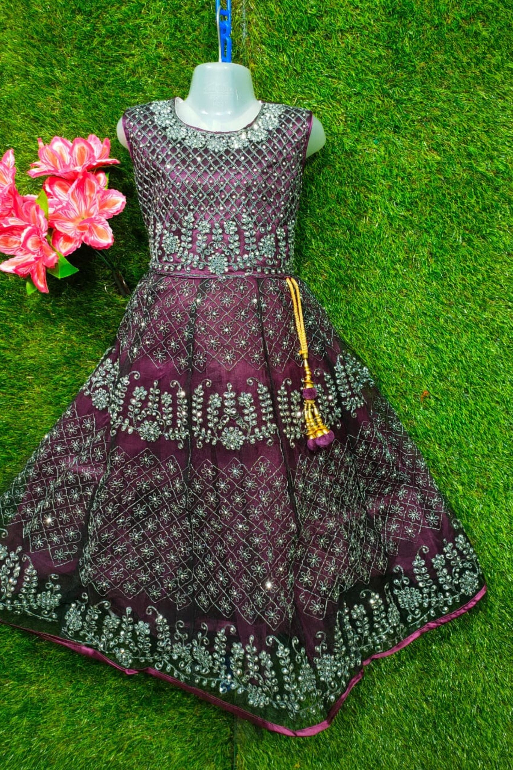 Embroidered Net Frock with Stone Work and Elegant Design for Girls GIRLS JCS Fashions Wine 30