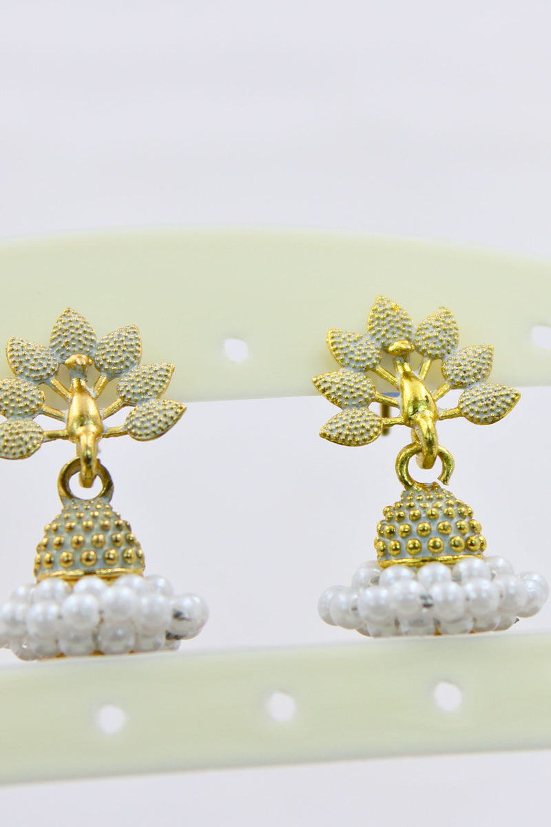 Gold-Plated Oxidised Jhumka Earrings with Faux Pearls & Meenakari Accent