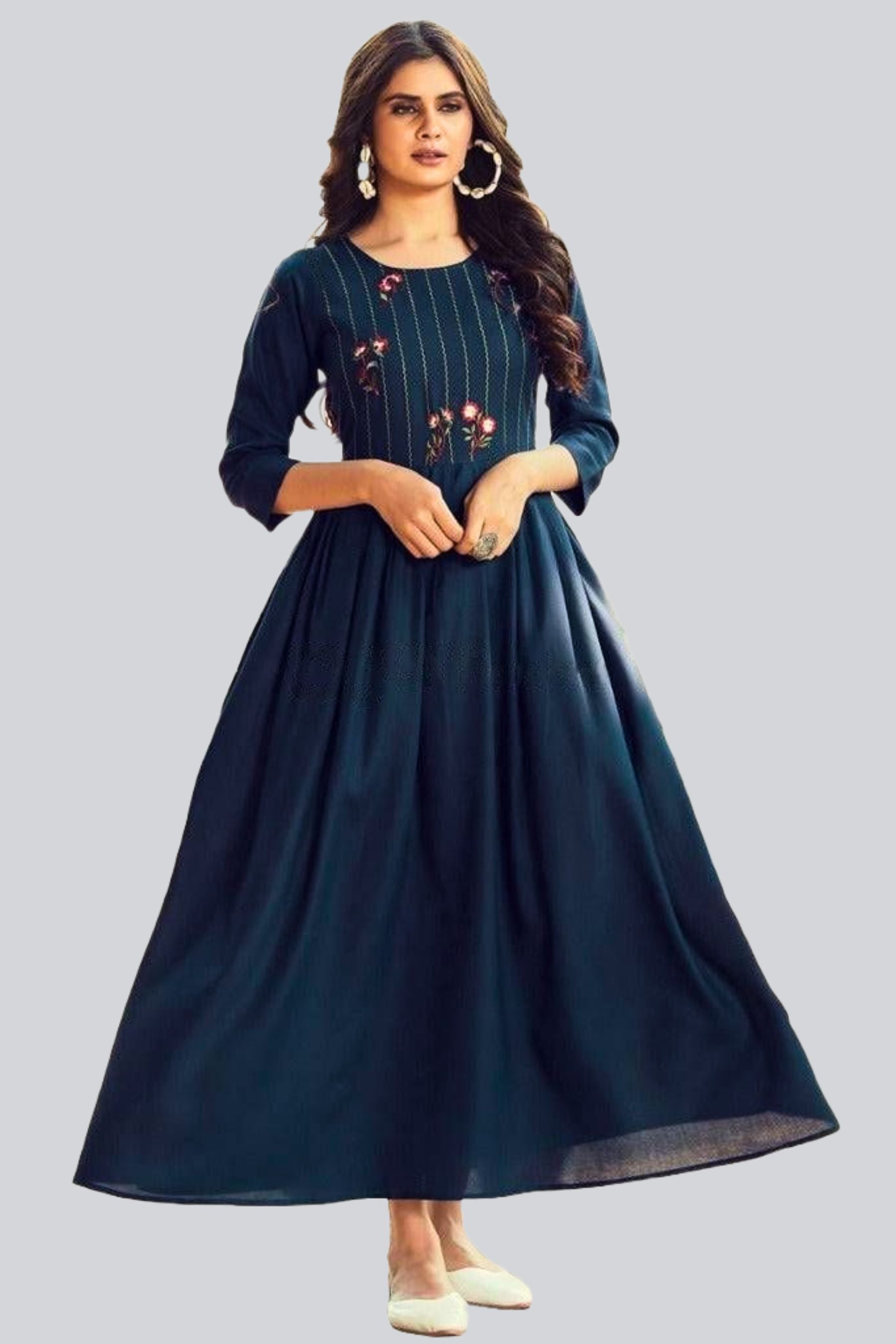 Rayon Gown with Embroidery and Mirror Work | Elegant Ethnic Wear Kurti JCS Fashions Navy Blue Medium (38)